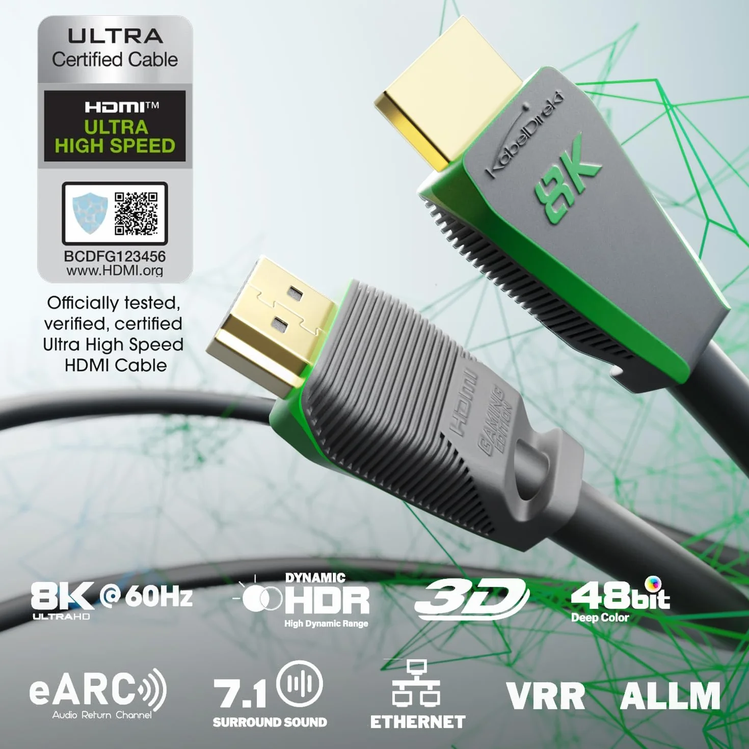 KabelDirekt – Kabel 8K HDMI 2.1, certyfikowana edycja dla graczy – 3 m (Ultra High Speed/48G, 10K, 8K lub ultra szybkie 144Hz@4K, optymalne dla PS5/Xbox i Gaming PC, Monitor/TV, szary)