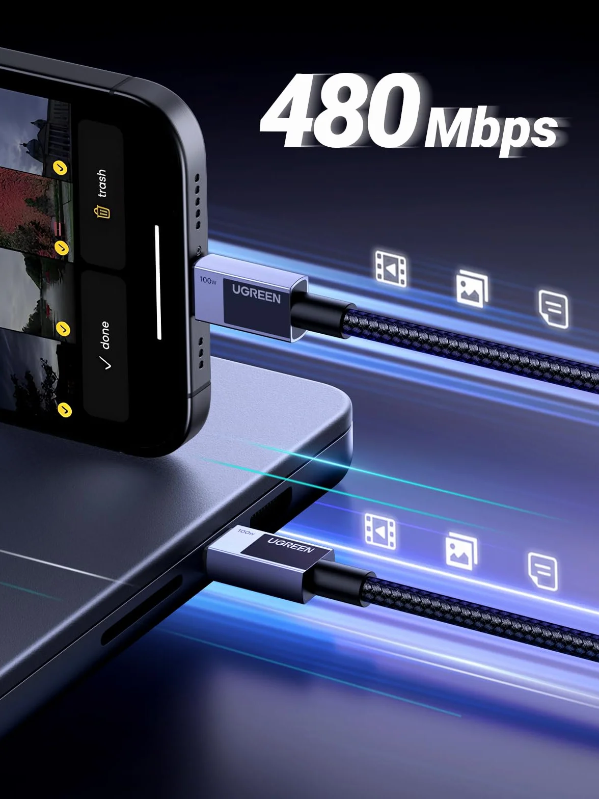 UGREEN 100W kabel USB C PD 3.0 kabel ładujący USB C do USB C 5A/20V kompatybilny z iPhone 15, M3 MacBook Pro/Air, iPad Air/Pro 2024, Galaxy S24 Ultra A55 Pixel 8a Steam Deck itp. (1M)