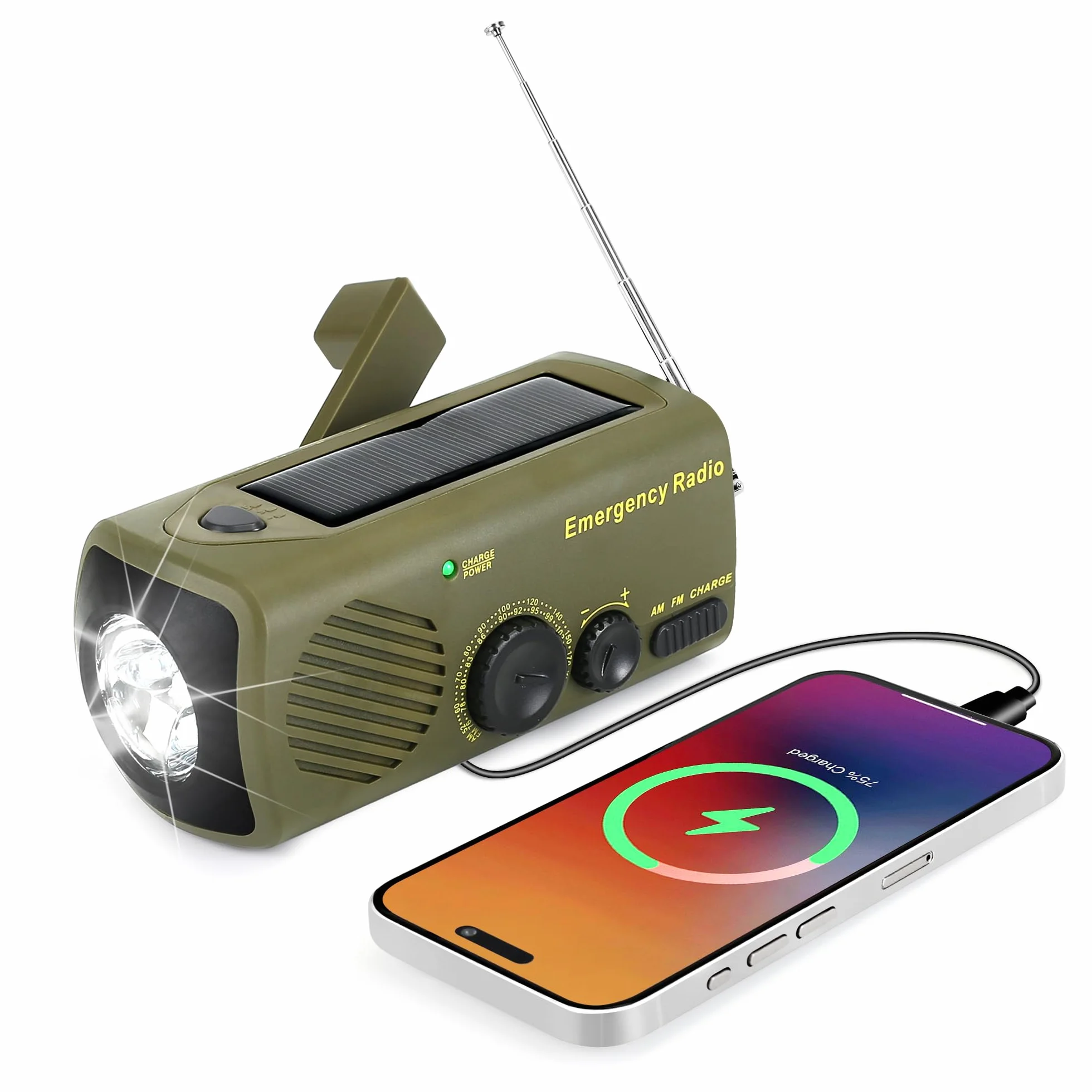 Awaryjne Radio Słoneczne, Przenośne z Korbą Ręczną AM/FM, Powerbank 1200 mAh, Alarm SOS, Latarka LED, Dynamo, Ładowarka USB do Telefonu, Na Kemping i Wędrówki