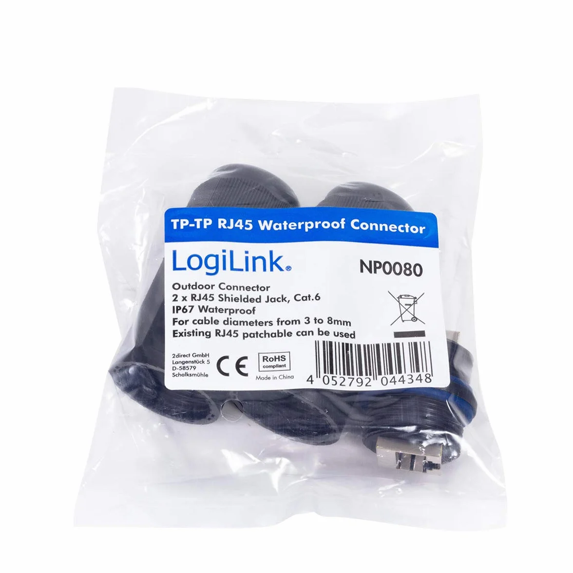 LogiLink NP0080 zewnętrzne złącze kabla krosowego, 2 x gniazdo RJ45, wodoszczelność IP67