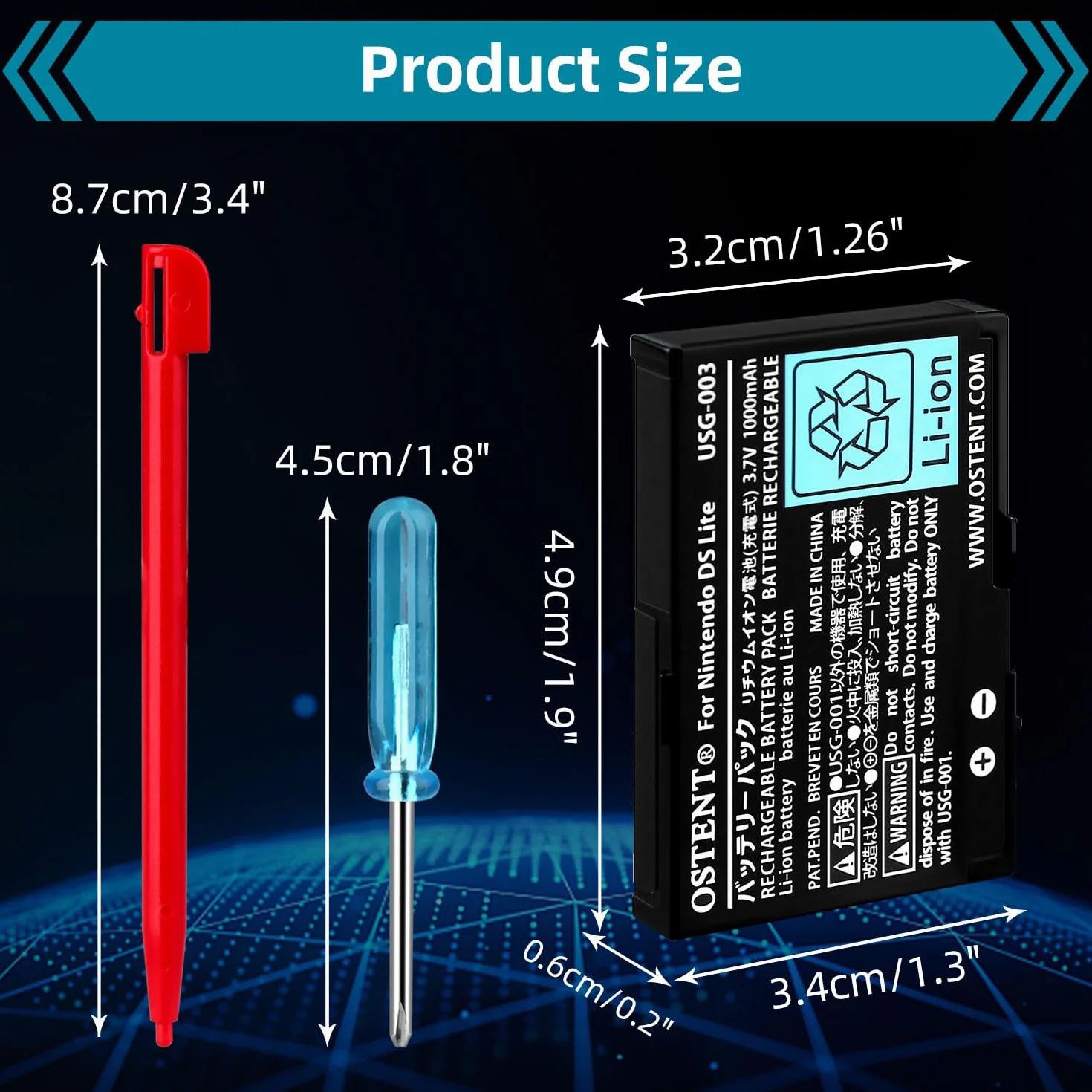 OSTENT 3.7V 1000mAh Akumulator Litowo Jonowy Polimerowy Zestaw Narzędzi Pióro do Nintendo DSL NDS Lite