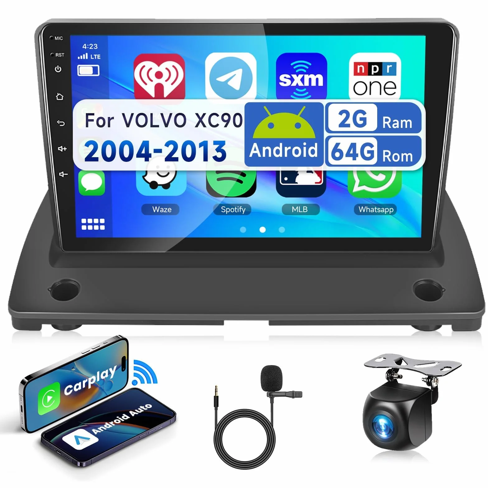 Radio samochodowe podofo 9" do Volvo XC90 2004-2013 Wireless Carplay z systemem Android, Android 13, radio 2 DIN, z Bluetooth, WiFi, GPS, HiFi, RDS/FM + kamera cofania AHD, DVR/Canbus