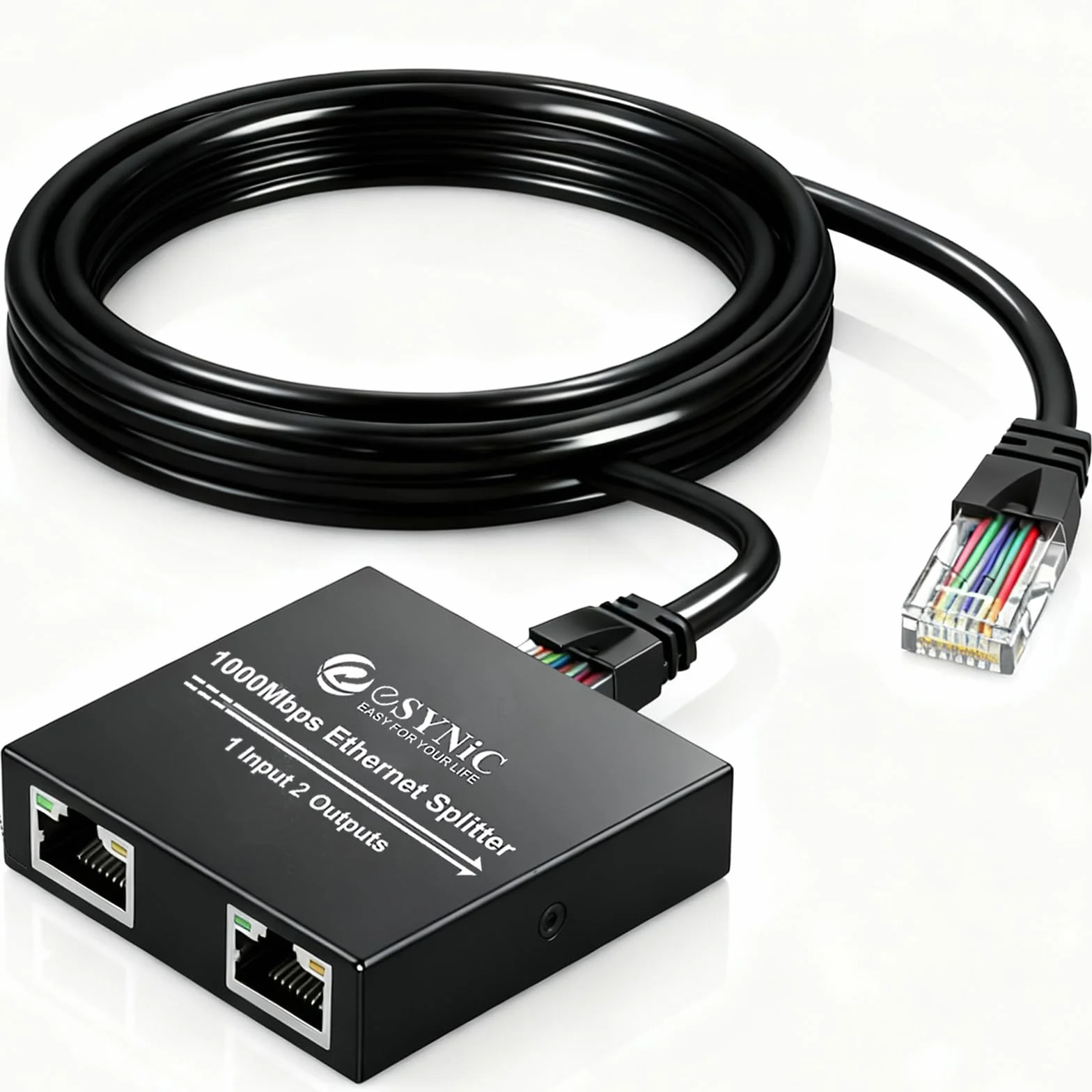 eSynic Gigabit Ethernet rozdzielacz 1 w 2 wyjściach z kablem sieciowym 0,5 m, przełącznik rozdzielacza RJ45 LAN 1 do 2 portów 100 Mb/s z kablem sieciowym typu C, 1X2 obsługuje kable Cat5/5e/6/7/8