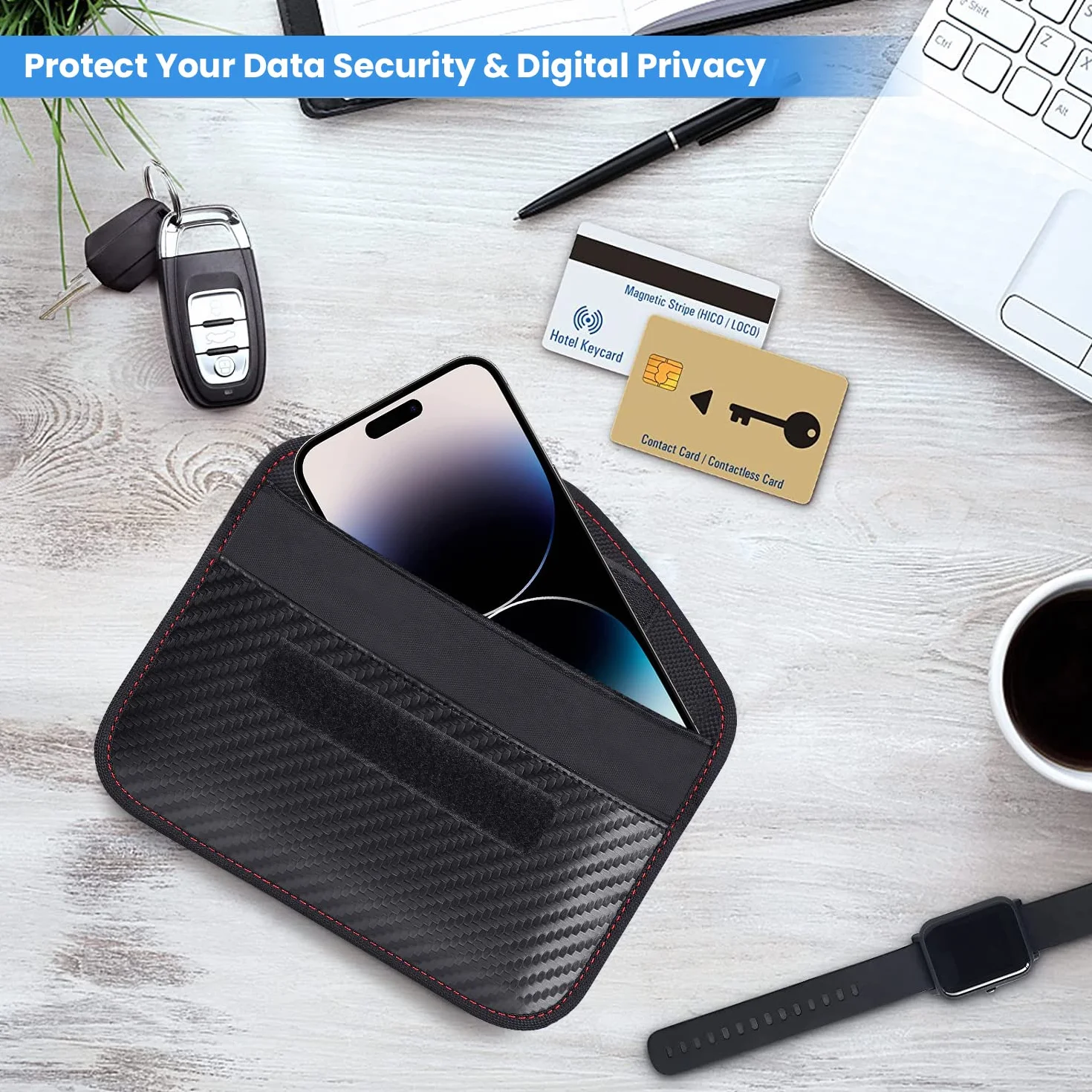 Samfolk Etui na telefon komórkowy z funkcją Anti Tracking Universal XL do smartfona Display Max 7,8" - Faraday pokrowiec na telefon komórkowy ochrona przed promieniowaniem włókno węglowe czarne