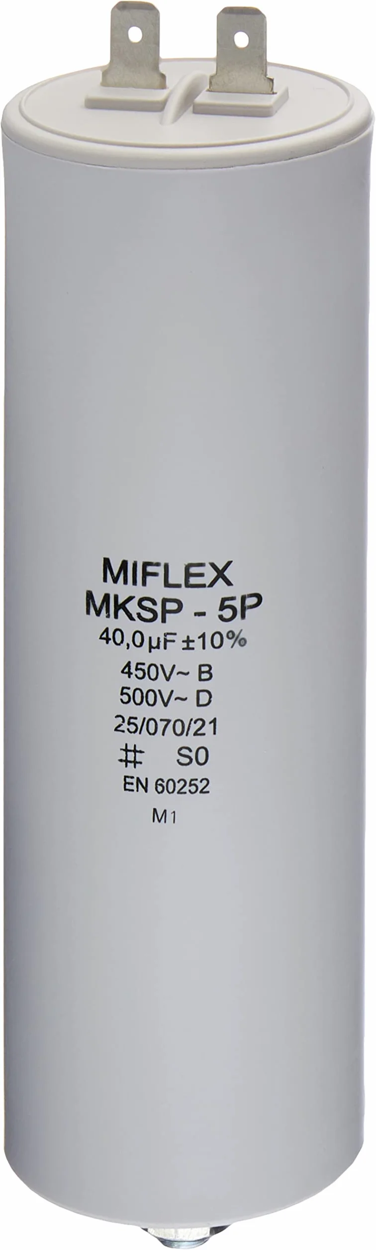 Kondensator rozruchowy kondensator silnika 40µF 450V 45x119mm wtyczka M8; Miflex, 40uF