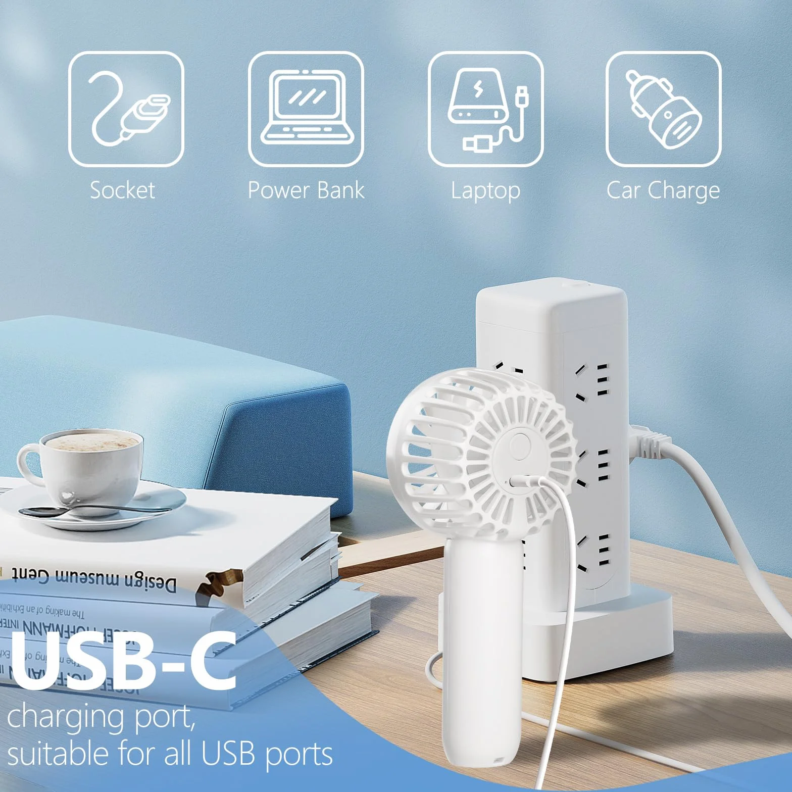 Hianjoo Przenośny wentylator, mini wentylator ręczny, 2000 mAh, ładowany przez USB, uroczy design, lekki wentylator kieszonkowy, 3-biegowy, osobiste wentylatory z paskiem na rękę, do domu, szkoły