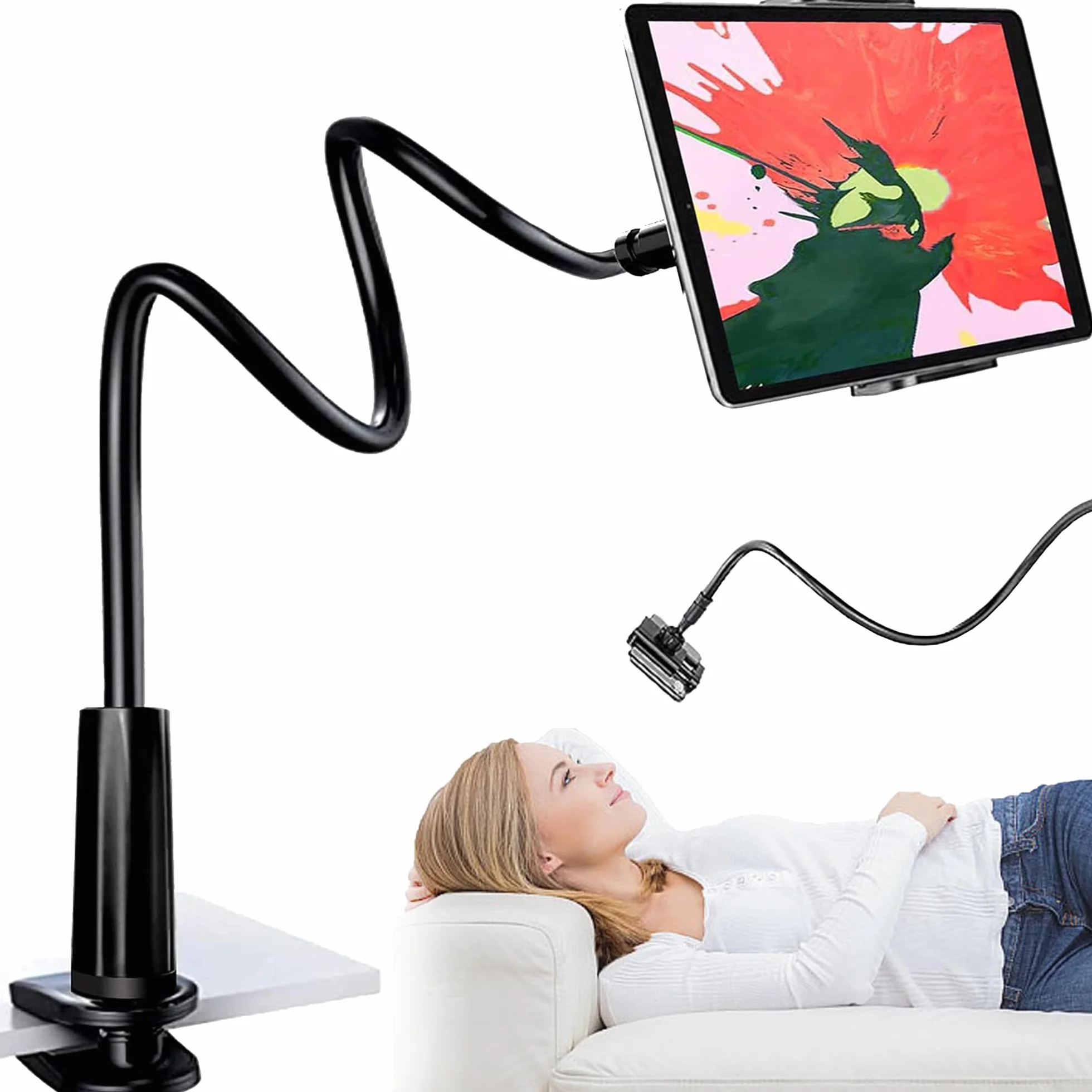 Uchwyt przez telefon, wsparcie dla uniwersalnego pulpitu 360 ° wspornik obrotowy, całkowita długość 80 cm, regulowaną obsługę gęsią, ramię rozszerzalne (Czarny)