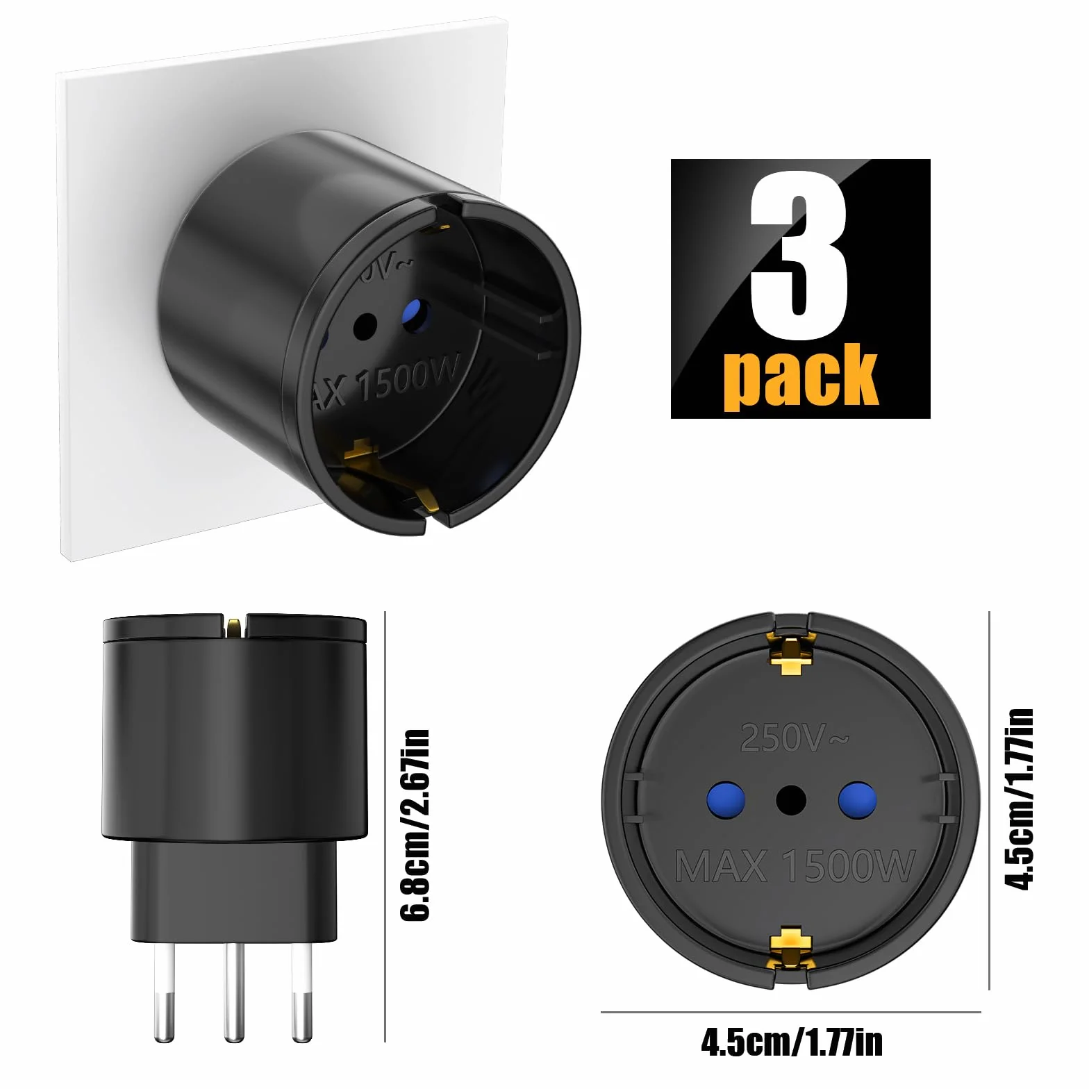 Adapter podróżny, 3-pak Adapter wtyczki podróżnej z DE na IT 2-pinowa wtyczka europejska do 3-pinowej wtyczki włoskiej typu L Adapter Schuko z UE do Włoch Chile Czarny