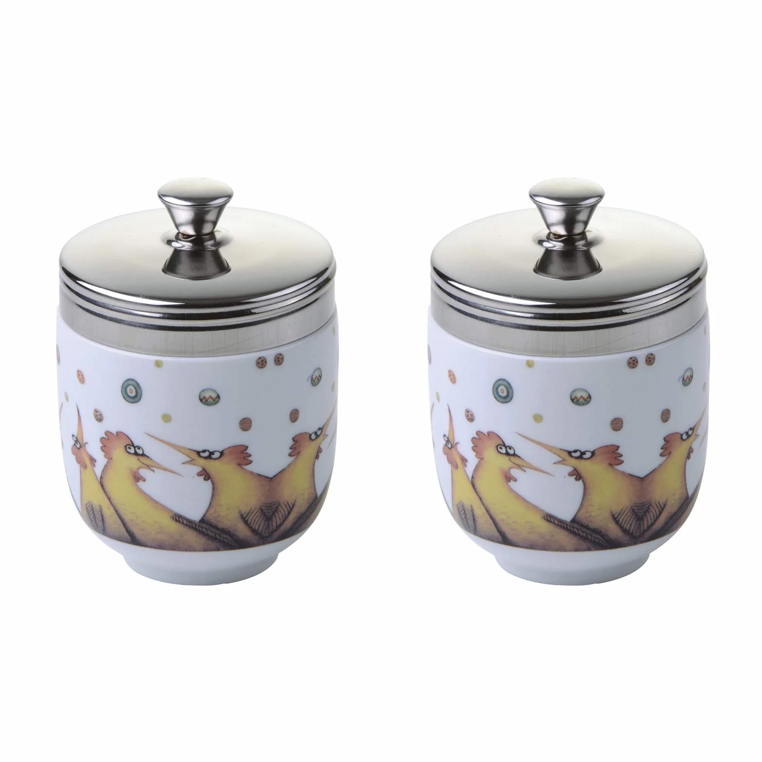 BIA International – porcelanowy zestaw 2 wielokolorowych porcelanowych kłusowników do jajek z deszczowymi jajkami autorstwa artystki Clare Mackie, kuchenny kocioł na jajka i kuchenka wielofunkcyjna