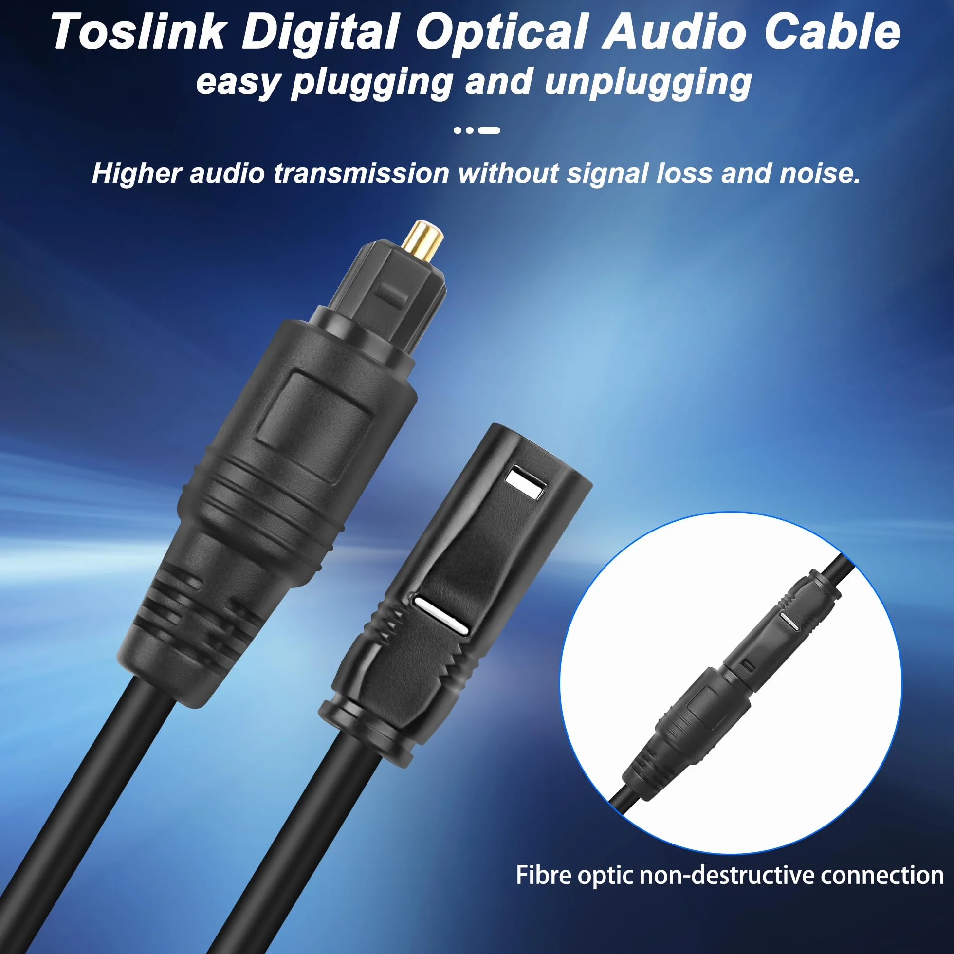 MEIRIYFA Optyczny kabel przedłużający audio, 1,5 m, Toslink Digital Optical Audio, wtyczka na gniazdo, kabel z włókna szklanego do kina domowego, soundbar, wzmacniacza TV (czarny)