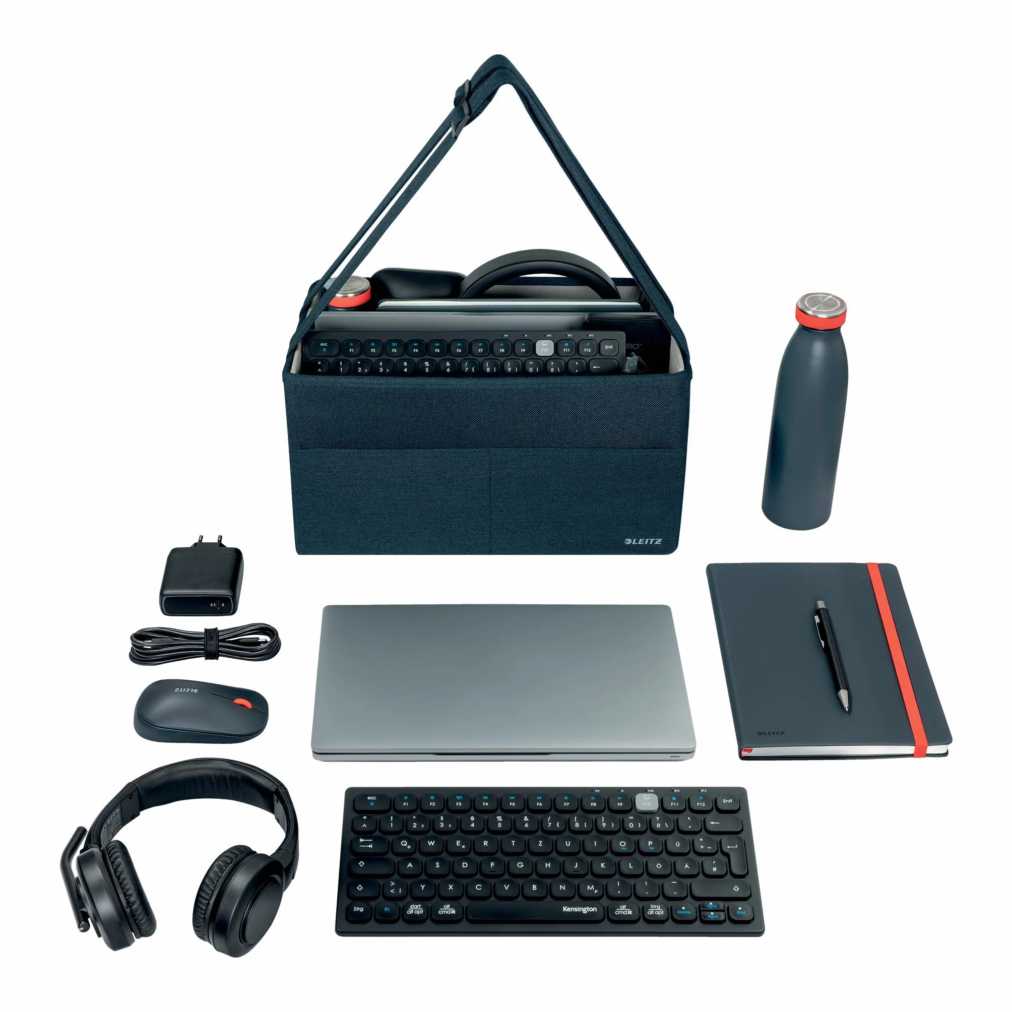 Kompaktowy, materiałowy organizer na biurko Leitz. Składana torba na laptopa, dokumenty czy inne akcesoria. Regulowane paski, 370 x 210 x 220 mm, Szary Aksamit, 65760089
