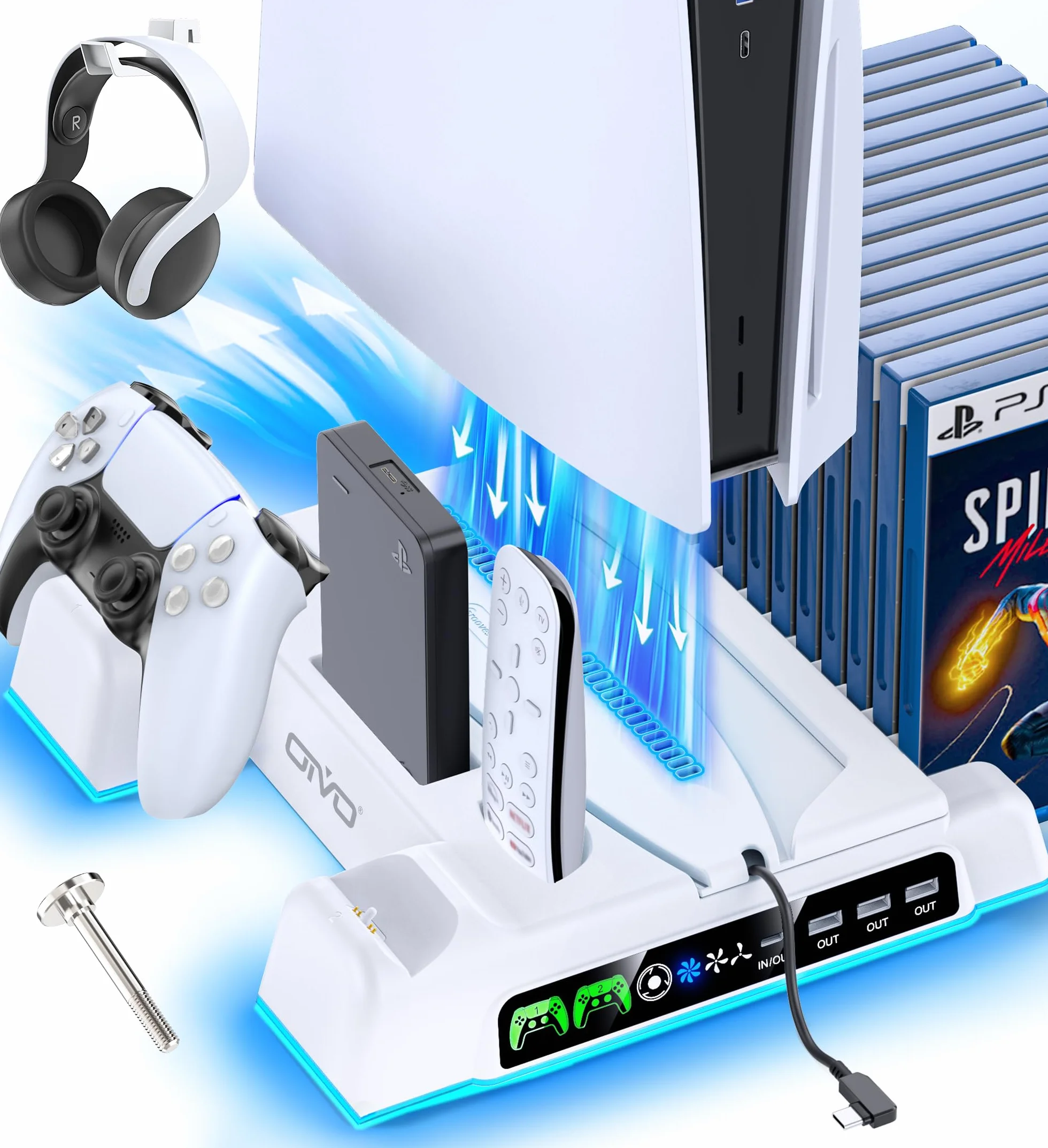 OIVO Stojak PS5 z wentylatorem o 3 prędkościach, ładowarka kontrolera PS5 ze wskaźnikiem RGB, pionowy stojak PS5 z 3 portami USB i 14 gniazdami na gry dla konsoli PS5