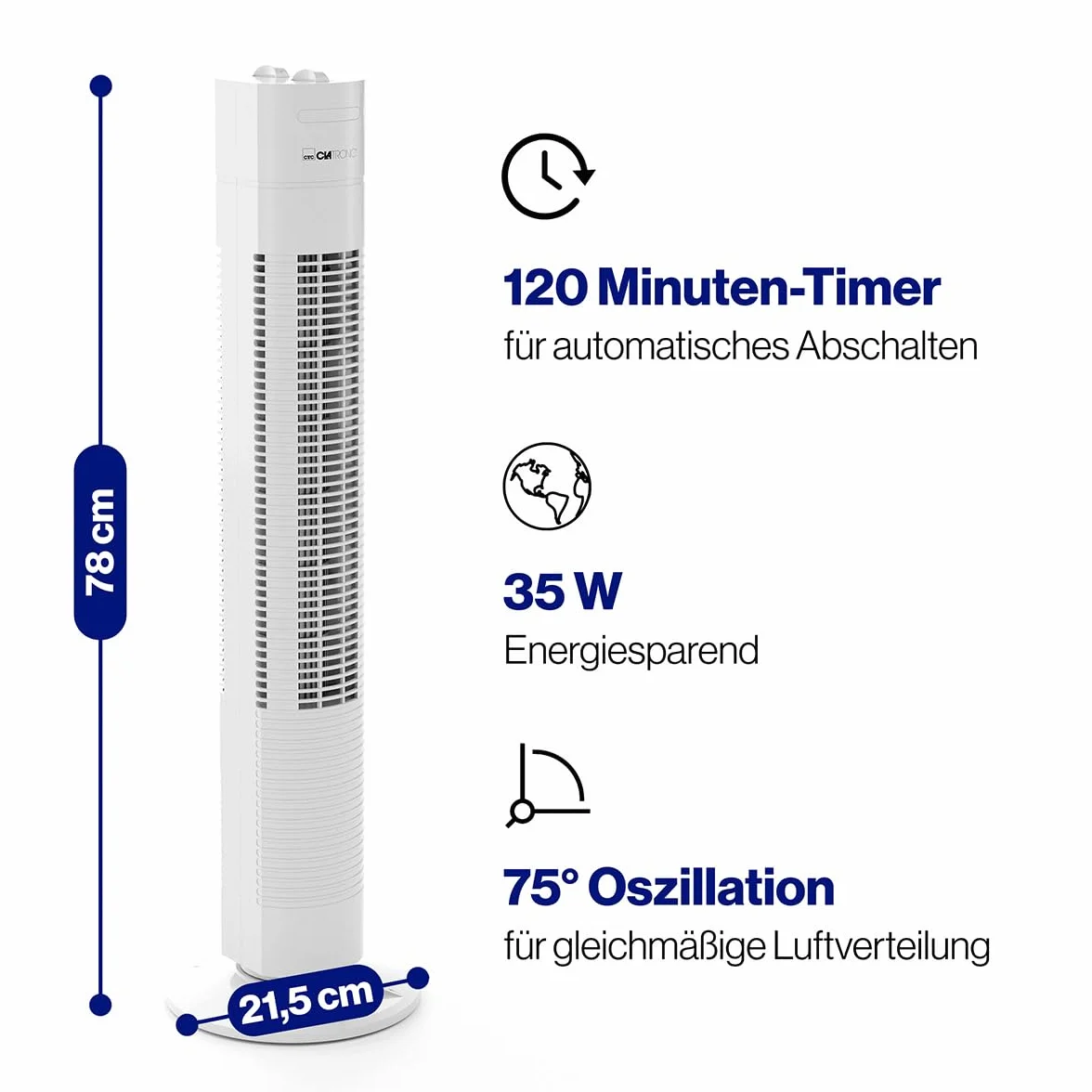 Clatronic Wentylator wieżowy TVL 3770, 3 poziomy prędkości, oscylacja 75°, timer 120 minut, biały