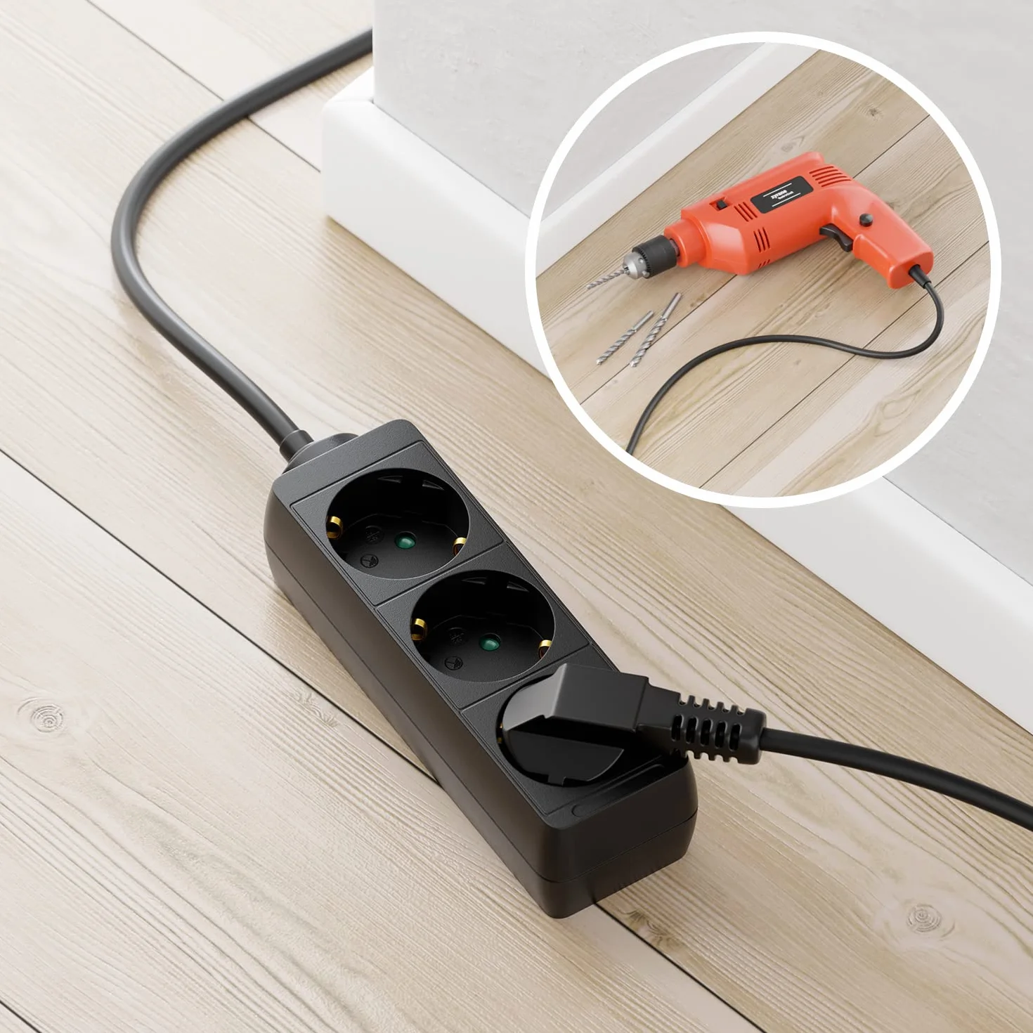 deleyCON Listwa Zasilająca 3-Gniazda z Płaską Wtyczką, do Użytku Wewnętrznego, Kabel 3,0m, Trwała Obudowa z Tworzywa Sztucznego - Czarna