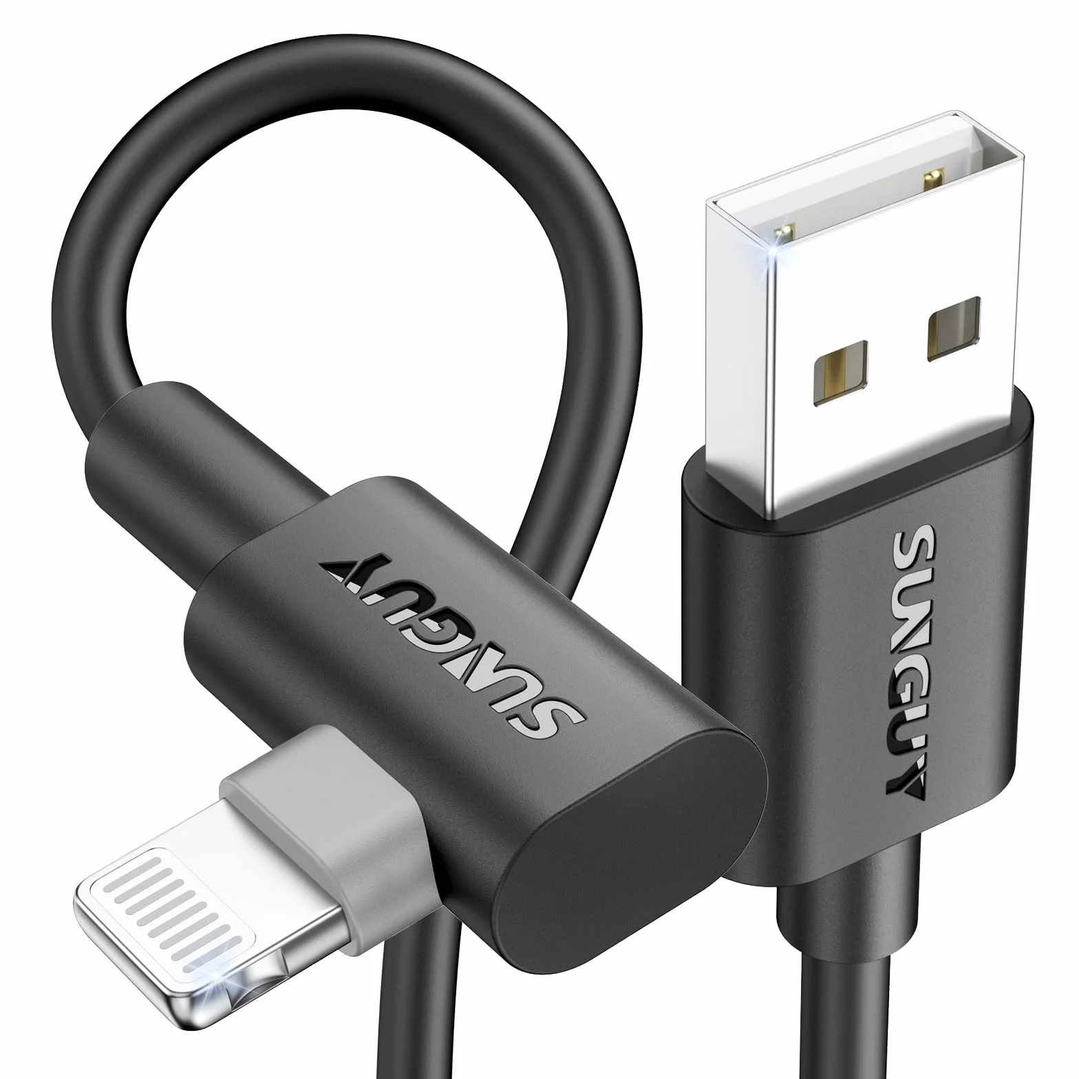 SUNGUY Kabel USB do Lightning 90 stopni, [2 sztuki 0,15m] Certyfikowany przez MFi krótki kabel ładowarki Lightning Carplay z kątownikiem kompatybilny z iPhone 14/13/12/11 ProMax/XS MAX/XR/XS/iPad/iPod