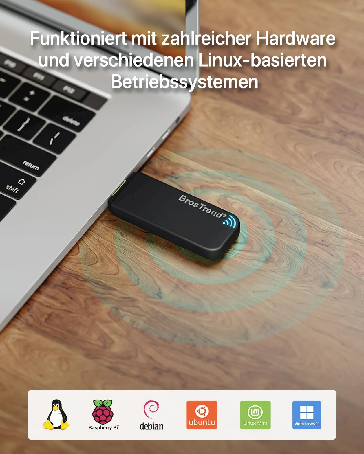 BrosTrend Linux USB WLAN Stick AC1200 dla Ubuntu, Mint, Kali, Debian, Kubuntu, Mate, Zorin, PureOS, Raspberry Pi 2+, Windows 11, USB 3.0 PC, Dual Band 5 GHz/867 Mb/s + 2,4 GHz/ 300 Mb/s