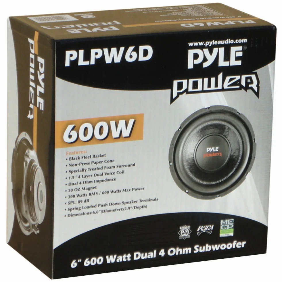 SUB SUBWOOFER PYLE PLPW6D o mocy 300 W RMS I 600 W maks. średnica 6,5" 16,50 cm 165 MM WOOFER DVC Podwójna cewka 4 + 4 OHM Doskonała również do samochodu lub w domu