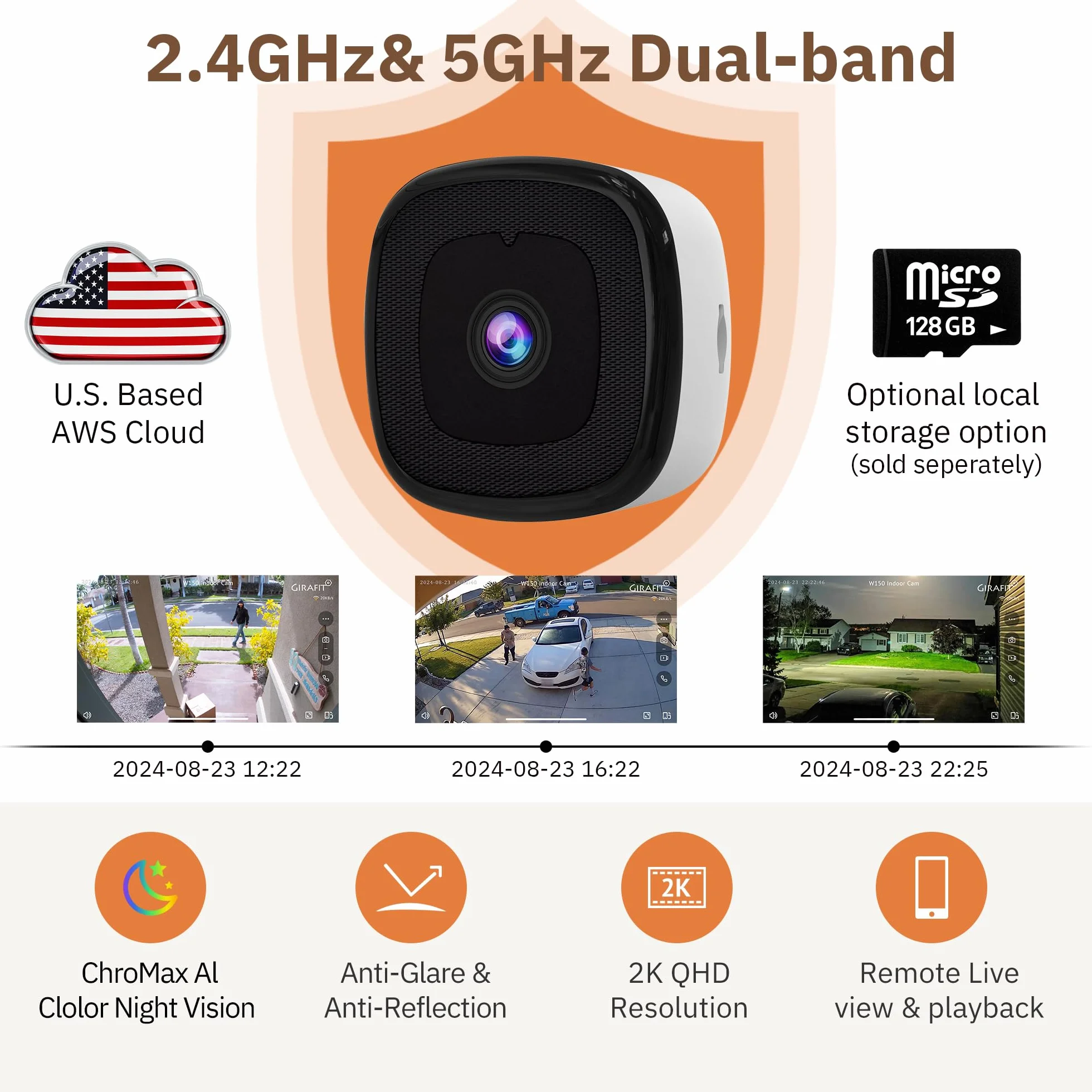 Girafit Kamera okienna 3 MP 2K, kamery WiFi 2,4 GHz 5 GHz do bezpieczeństwa w domu z noktowizorem ChromaMax w kolorze noktowizor, osoba i wykrywanie ruchu, nagrywanie