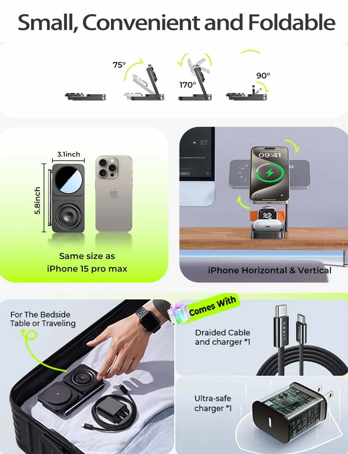 LISEN Stacja ładująca 3 w 1, stacja ładująca Magsafe z wieloma urządzeniami, bezprzewodowa ładowarka, wygodne dopasowanie do Apple Watch Airpods