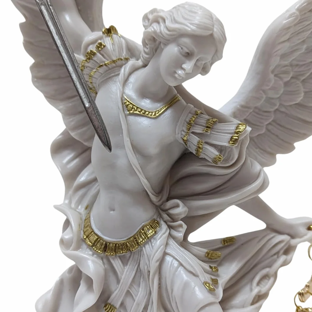 Statua Świętego Michała Archanioła Biały Marmur Proszek z Mieczem i Bilansem 22 cm