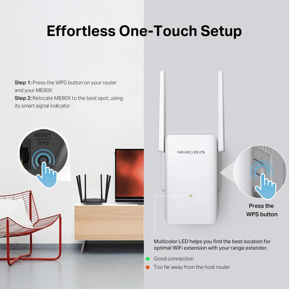 Mercusys ME80X | Wzmacniacz Zasięgu Wi-Fi 6 AX3000 Dual-Band | 2402 Mb/s (5 GHz) + 574 Mb/s (2,4 GHz) | Kompatybilny z EasyMesh | Port Gigabit Ethernet | Tryb Punktu Dostępowego