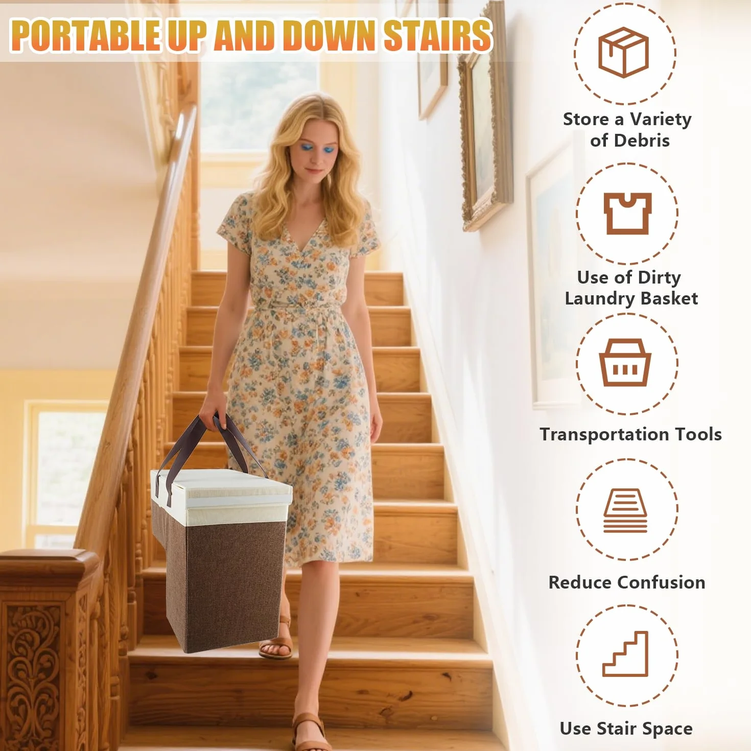 kosz na schody, lniany organizer w kształcie litery L, z uchwytem do noszenia i pokrywką, antypoślizgowe, duże, uporządkowane kosze na książki, buty