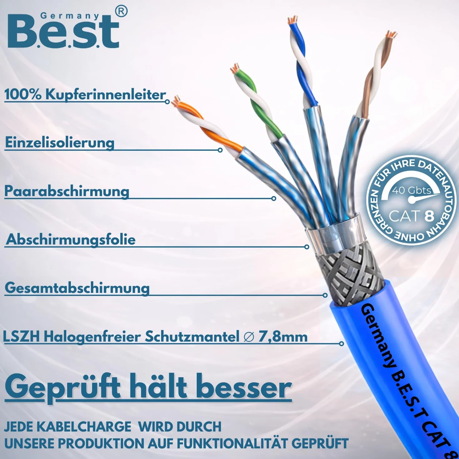 Kabel sieciowy 100 m CAT 8 kabel sieciowy miedziany kabel LAN kabel Ethernet S/FTP 40 Gbit/s Kat 8 czysta miedź kabel do transmisji danych PoE++ LSZH kabel danych Simplex