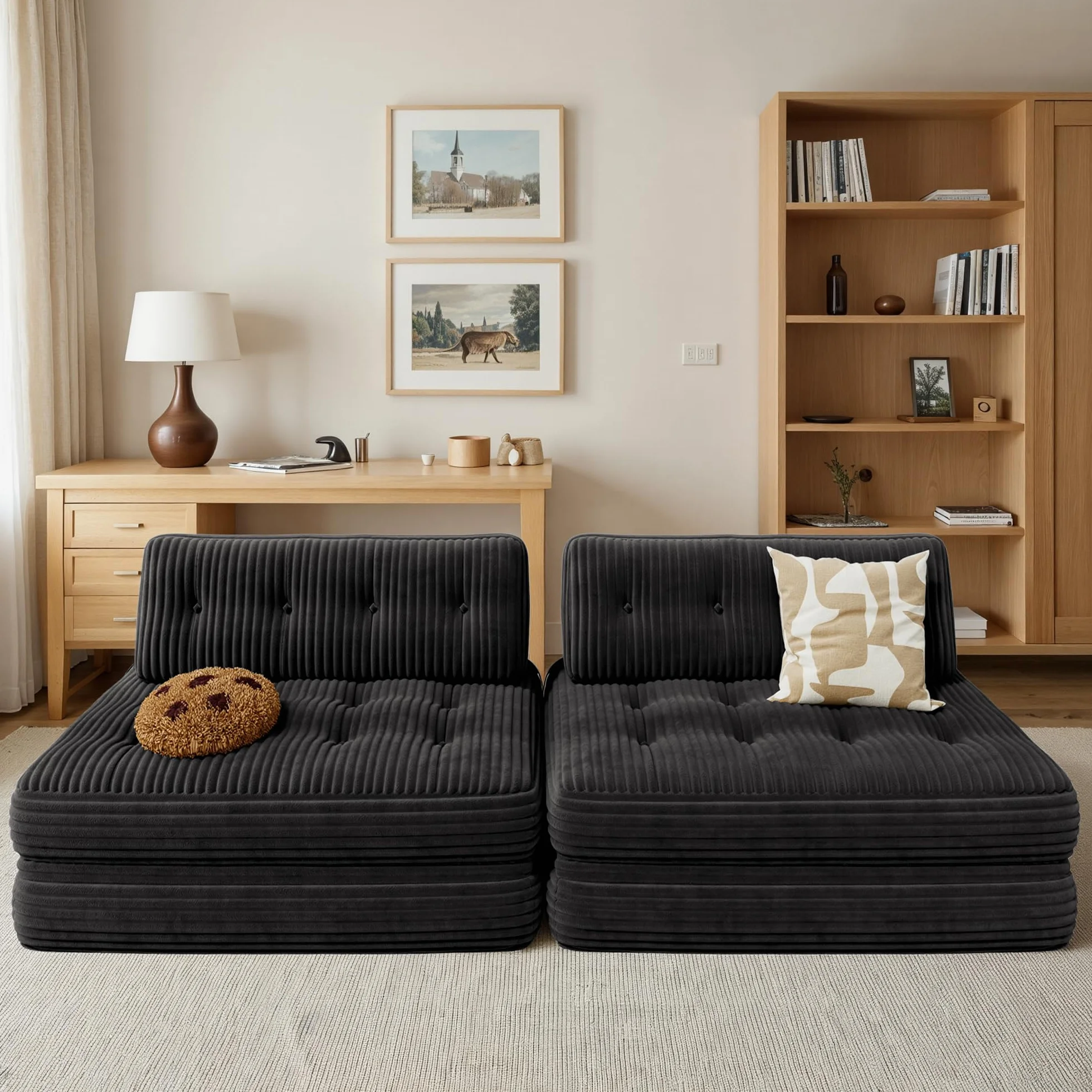 Xbro Składana sofa z funkcją spania 2 w 1, regulowane oparcie, materiał sztruksowy z pianki, 180 x 85 cm, zajmuje mało miejsca, czarna