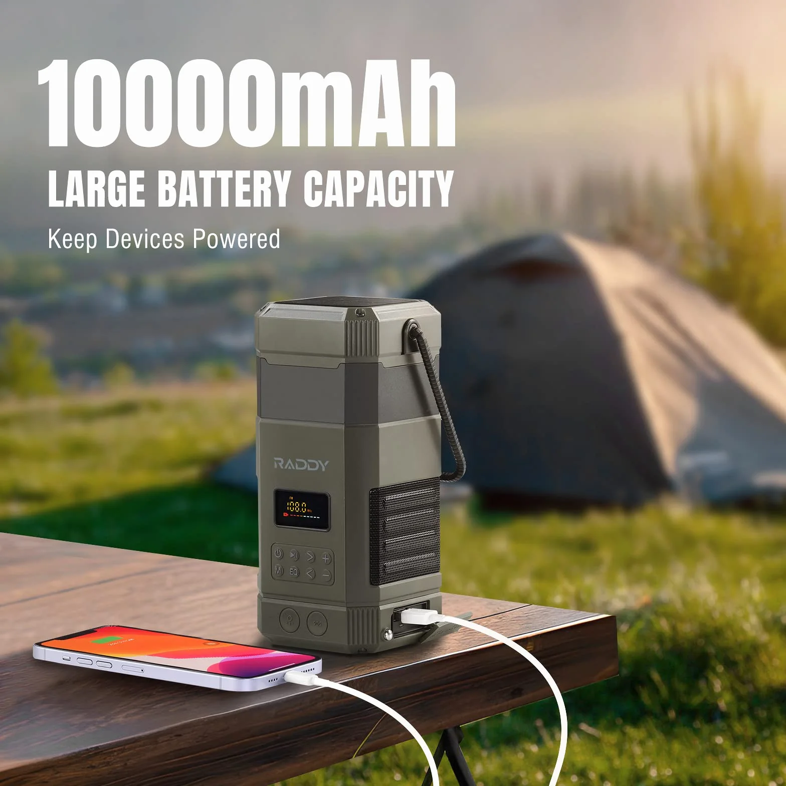 [10000 mAh Wodoodporny] Radio awaryjne Raddy SL10, korba ręczna Solarna latarnia kempingowa, głośnik Bluetooth IPX6, latarka AM FM NOAA Alarm SOS na wypadek awarii zasilania na kempingu