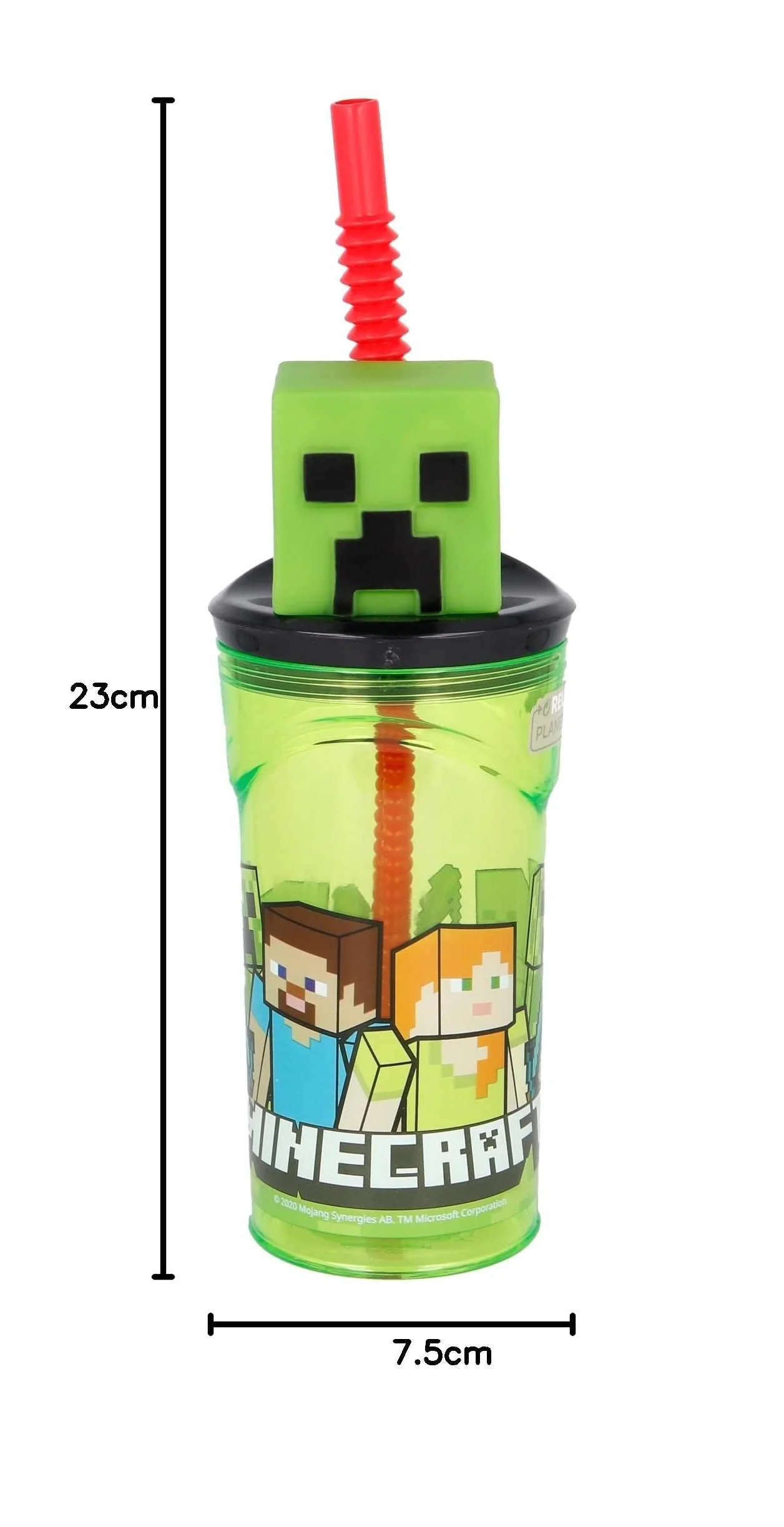 Stor Szklanka wielokrotnego użytku dla dzieci ze słomką i pokrywką z figurką 3D i pojemnością Minecraft 360 ml