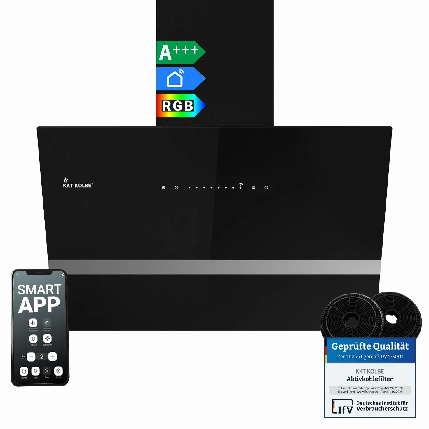 KKT KOLBE okap kuchenny 60 cm | 782 m³/h obieg powietrza / wyciąg powietrza | niezabudowany | okap ścienny | czarne szkło | inteligentna aplikacja WiFi App WLAN | oświetlenie RGBW LED | EASY6005SM