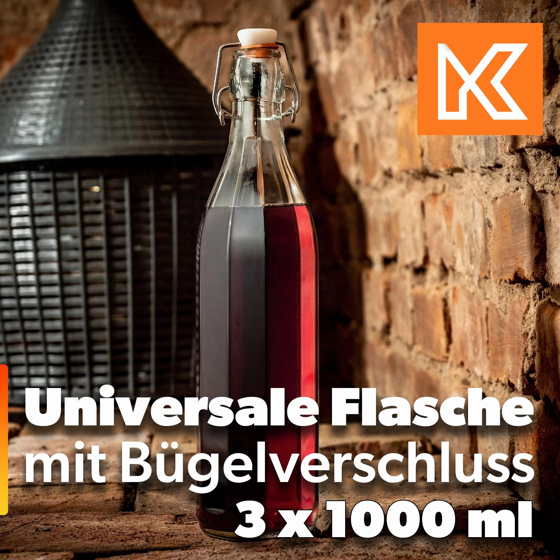 KADAX Zestaw 3 szt. Butelki z zamknięciem mechanicznym 1000 ml, szczelny korek z uszczelką, wytrzymałe szkło wielorazowe, do soków, nalewek i wody