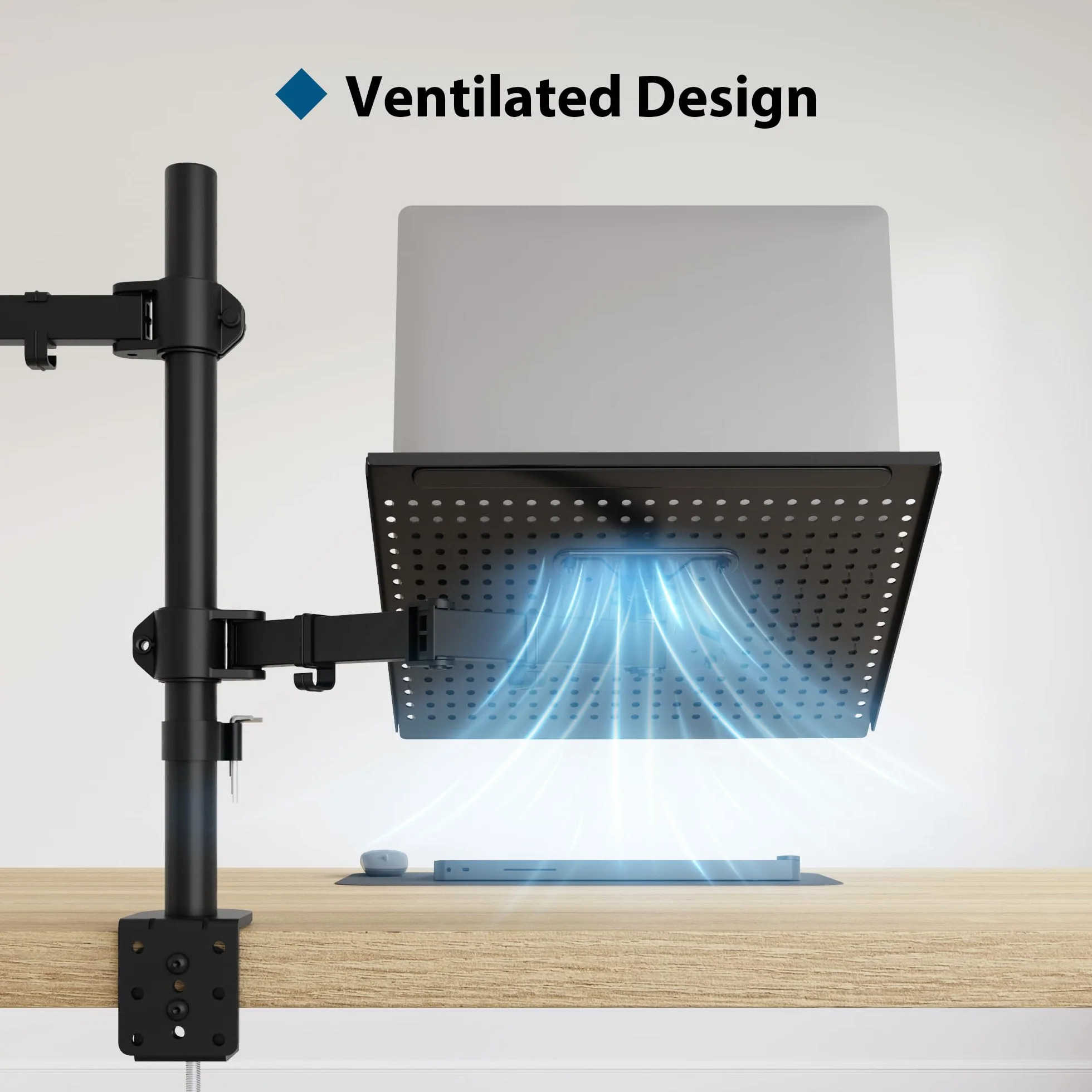 BONTEC Ramię monitora z tacą na laptopa, uchwyt na biurko na laptopa do ekranu 13-27 cali i 17 cali, regulacja wysokości, pełny ruch VESA, obrót nachylenia o 360°, zarządzanie kablami w zestawie