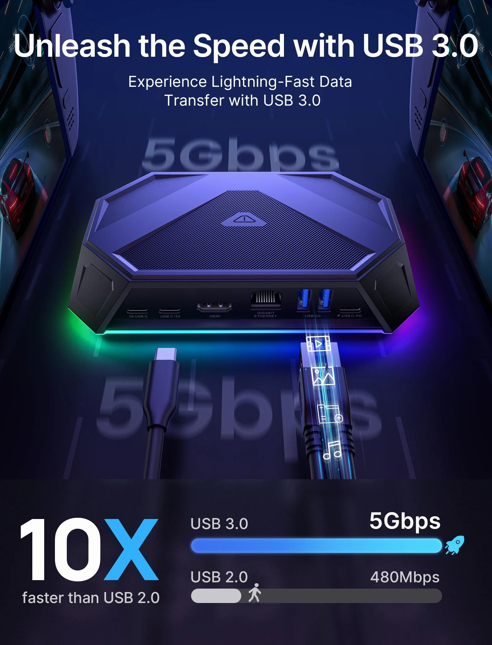 JSAUX Stacja dokująca RGB kompatybilny z Steam Deck (OLED)/ROG Ally/Legion Go, stacja dokująca 8 w 1 z 4K przy 60 Hz HDMI, Gigabit Ethernet, USB C 3.0, Dual USB A 3.0, USB 2.0 i 100W USB C – HB0801