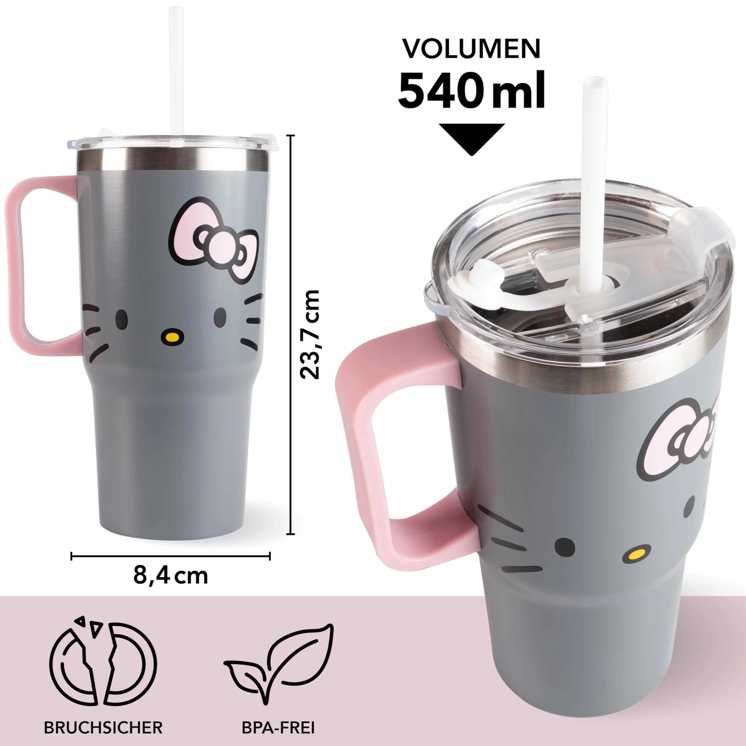 Hello Kitty kubek do picia 540 ml z pokrywką i słomką, szary dla dzieci