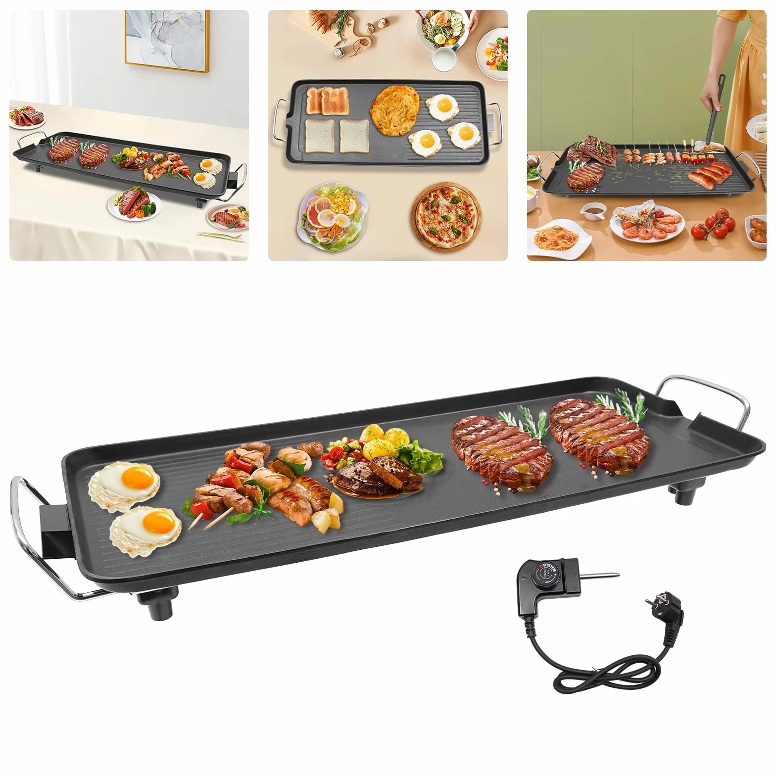Grill elektryczny o mocy 1500 W, żeliwna płyta grillowa 68 x 28 x 7 cm, płaska patelnia grillowa z powłoką zapobiegającą przywieraniu, nadaje się do użytku na zewnątrz, do ogrodu, na piknik i kemping