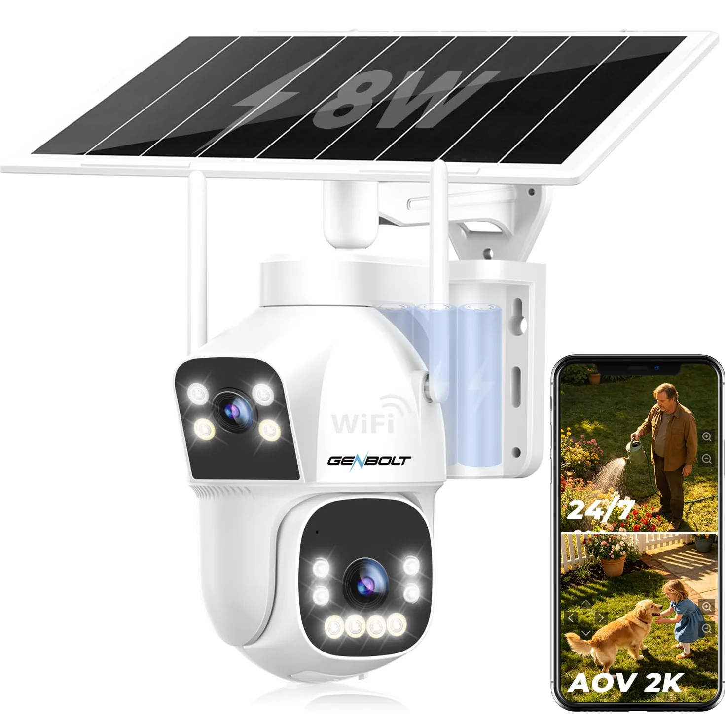 GENBOLT 2.5K AOV WiFi Kamera Zewnętrzna Solarna, Nagrywanie 24/7 3MP+3MP CCTV Zewnętrzna Kamera Monitoringu z wykrywaniem AI 90FT, Kamera IP Zewnętrzna 8W 15600mAh, Automatyczne śledzenie 2.4&5GHz