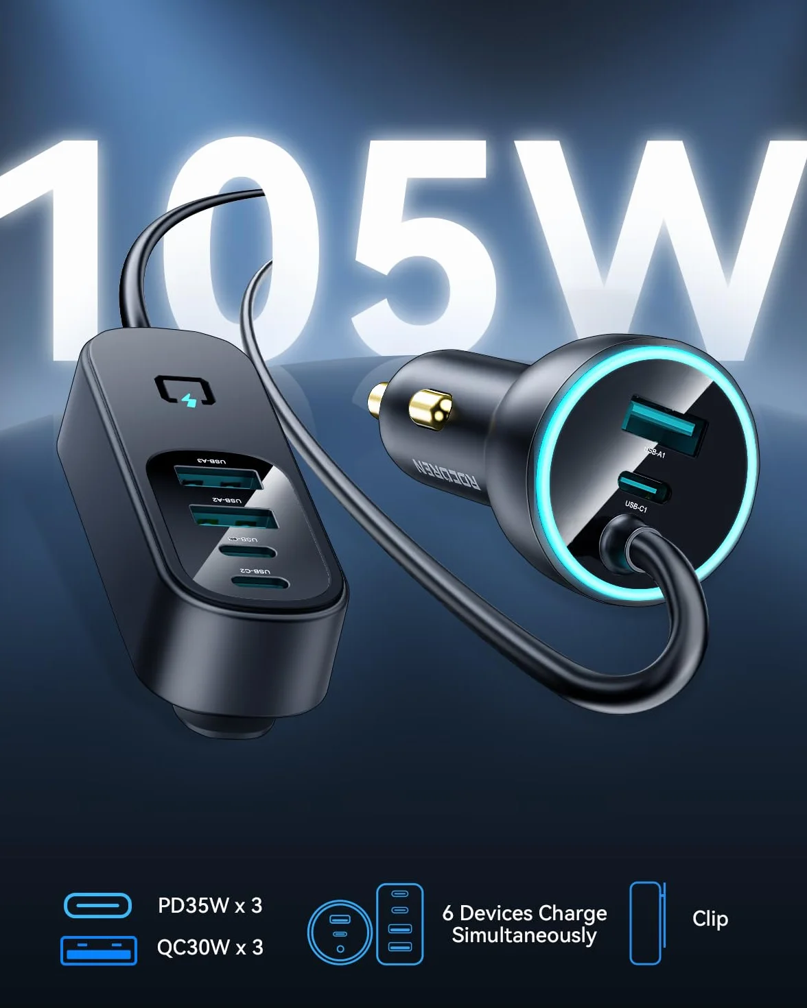 Rocoren Ładowarka samochodowa 105 W, PD35W QC3.0 6-portowa ładowarka samochodowa USB C Fast Charge z niebieską diodą LED i przewodem o długości 1,5 m do iPhone/iPad/Galaxy/Huawei/MacBook Air Serie