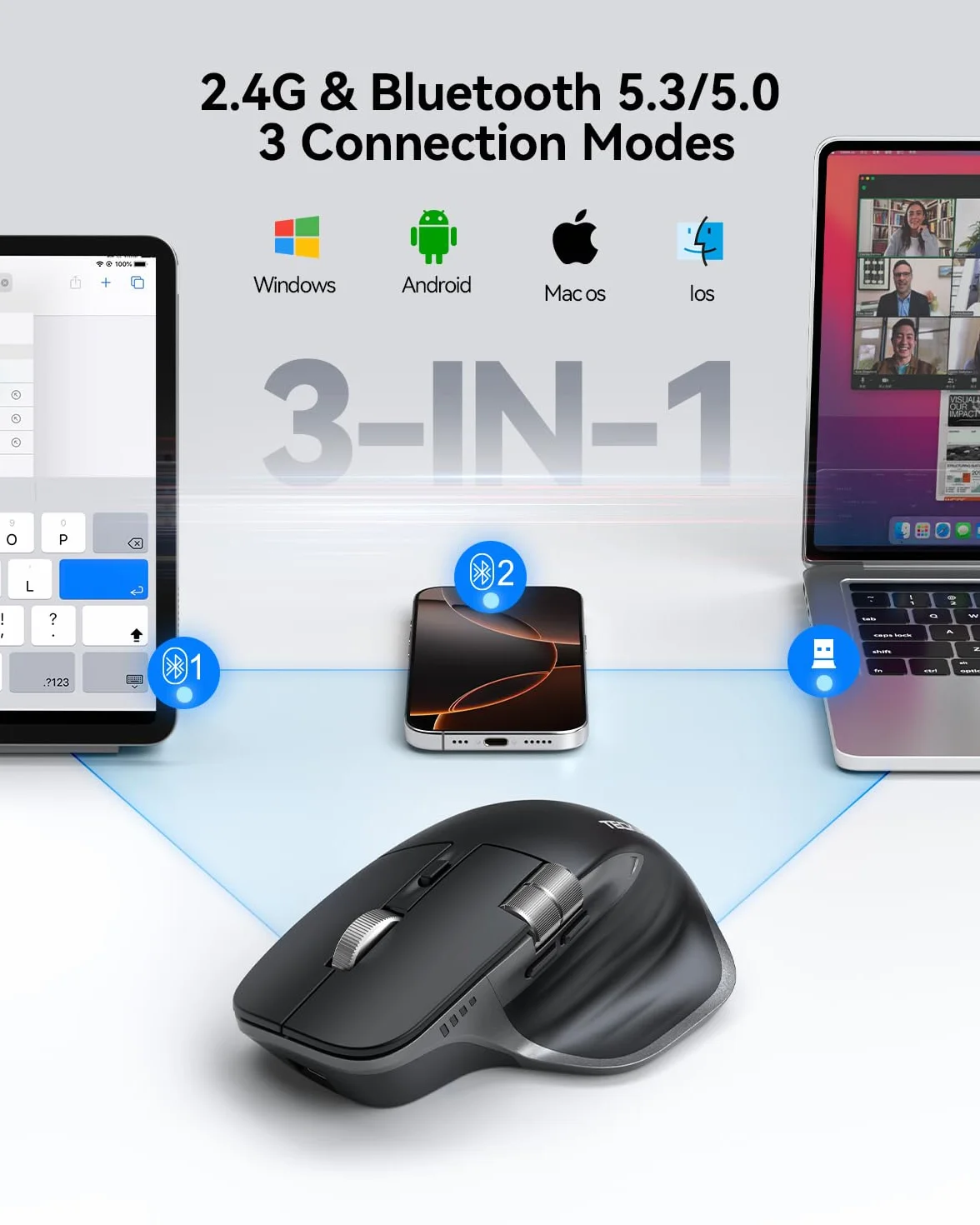 TECKNET Bezprzewodowa Mysz Bluetooth (BT 5.3/5.0+2,4G), Boczne Kółko Przewijania, Ładowalna Mysz Ergonomiczna, Ciche Klikanie, 4800 DPI, 7 Przycisków, dla Mac OS, Windows, Czarna