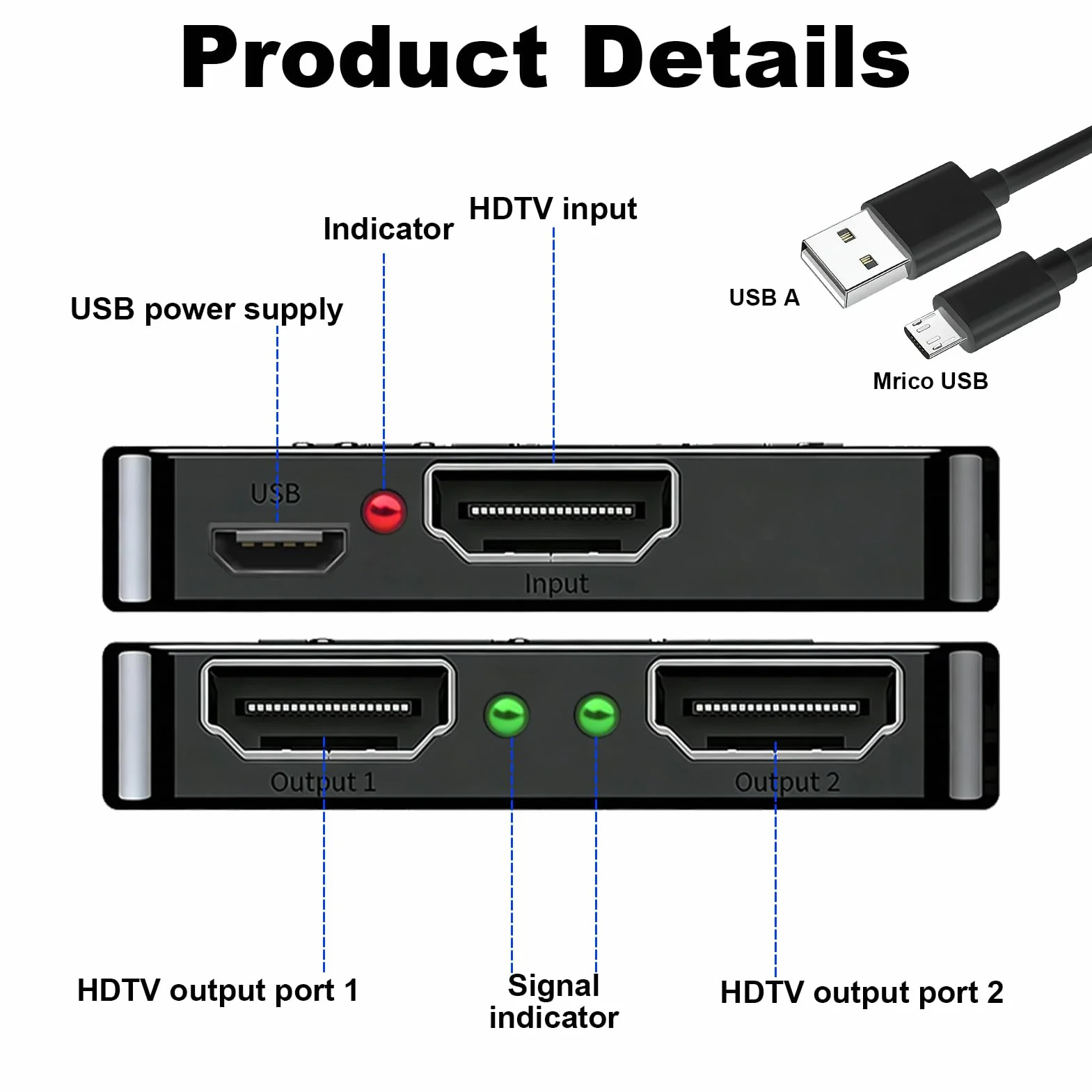 Rozdzielacz HDMI 1 Wejście 2 Wyjścia 4K 3D 1080p Splitter HDMI 2 wyjścia z kablem zasilającym micro USB, 1 w 2 powielacz HDMI dla PS3 4 Xbox DVD Projektor HDTV