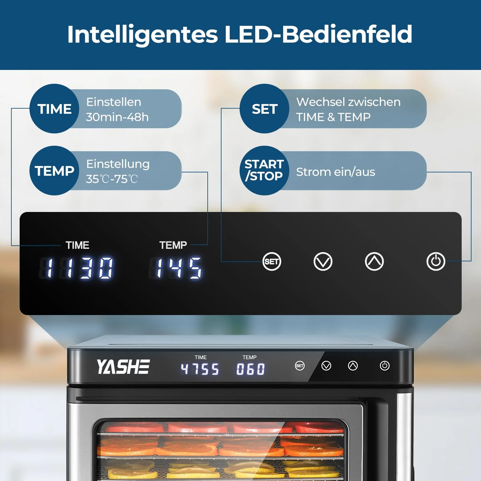 Suszarka ze stali nierdzewnej, 1000 W, urządzenie do suszenia owoców i warzyw z wyświetlaczem LED, precyzyjna regulacja temperatury (35-75°C), 48-godzinny timer, 9 misek ze stali nierdzewnej, 2 sitka