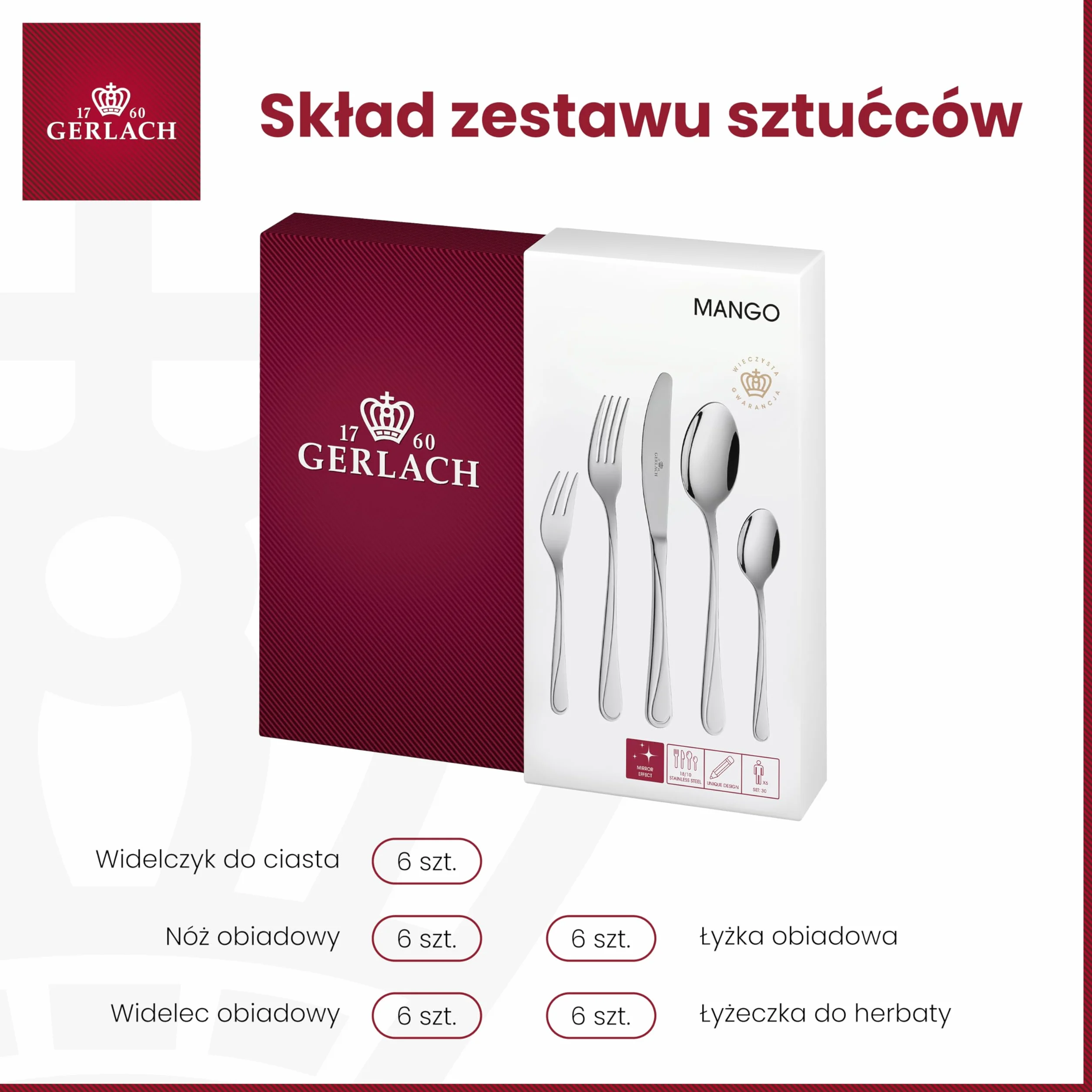 Gerlach 1760 Zestaw sztućców ze stali nierdzewnej dla 6 osób, 30-częściowy zestaw sztućców, nadaje się do mycia w zmywarce, nierdzewny nóż, widelec, łyżka, błyszczące sztućce do jedzenia mango