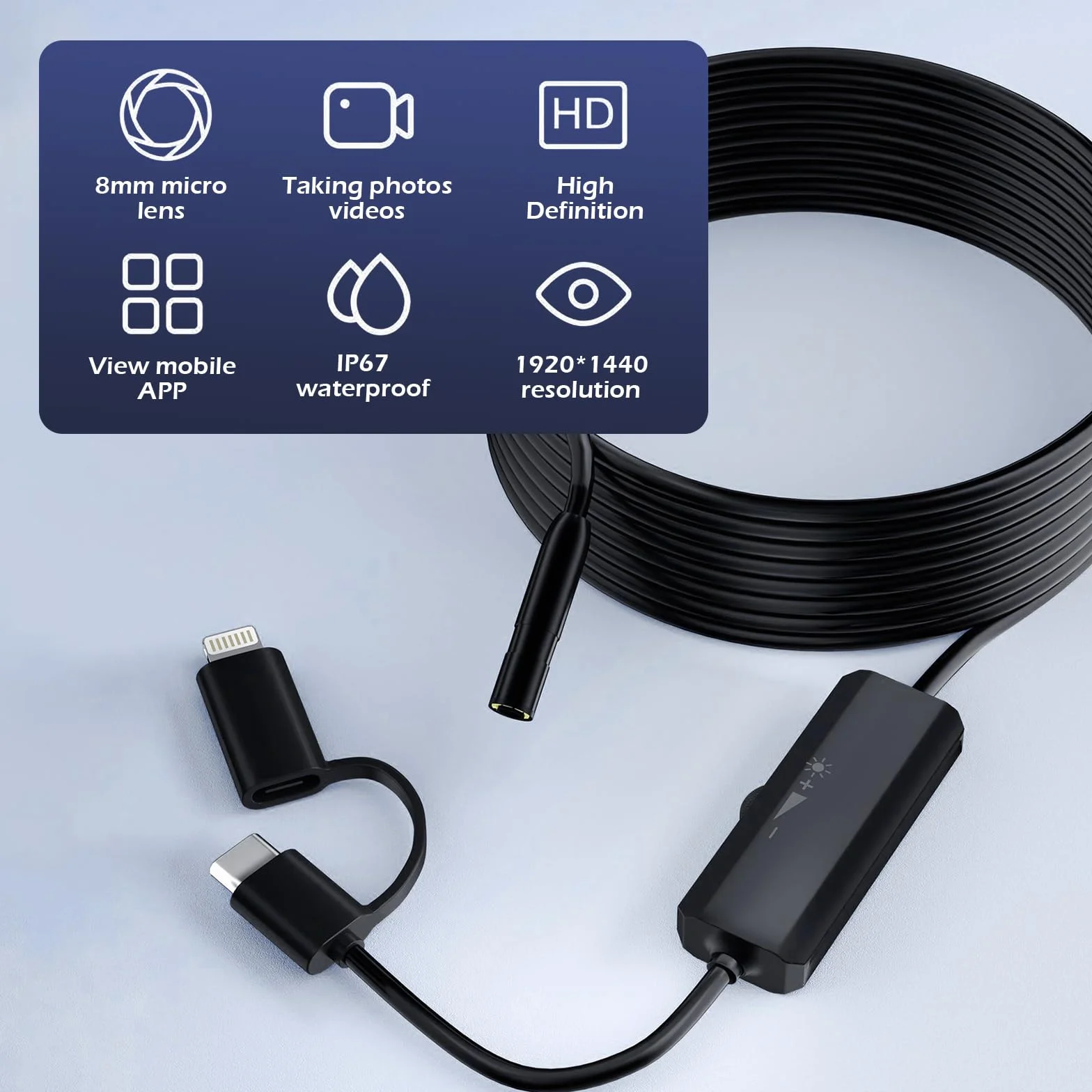 Kamera endoskopowa ze światłem, LYCXAMES 1920p HD, kamera endoskopowa, telefon komórkowy z 8 diodami LED, Ip67 typu C, kamera inspekcyjna do iPhone'a, iPada, urządzeń OTG z systemem Android (5 m)