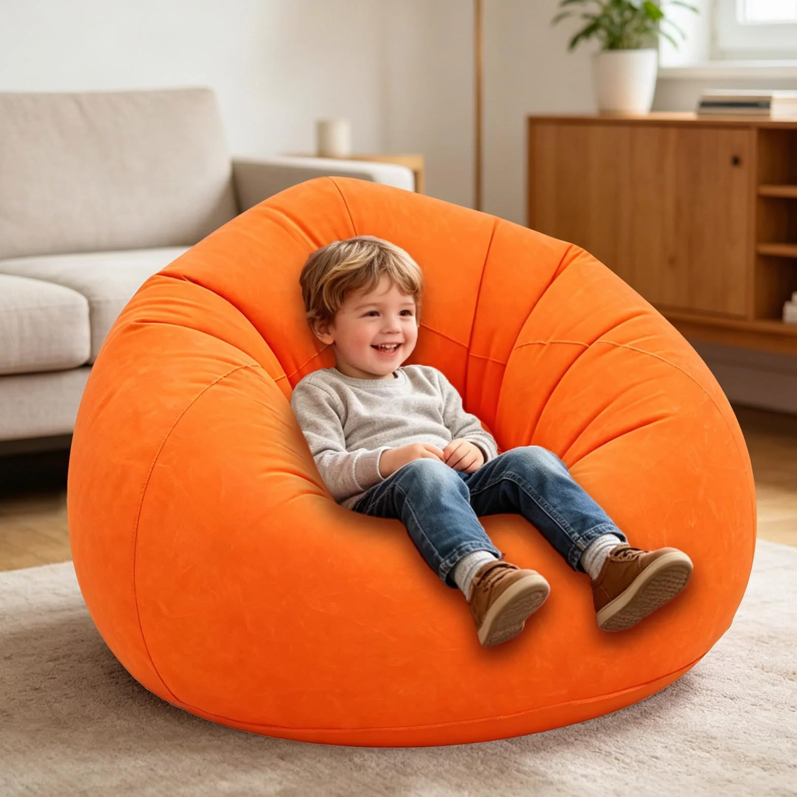 FARYODI Sofa dmuchana, nadmuchiwana kanapa, 105 x 105 x 60 cm, bardzo miękki fotel, bez wypełnienia ziarnami, szybko nadmuchiwany i przenośny, do salonu, ogrodu, na kemping (pomarańczowa)