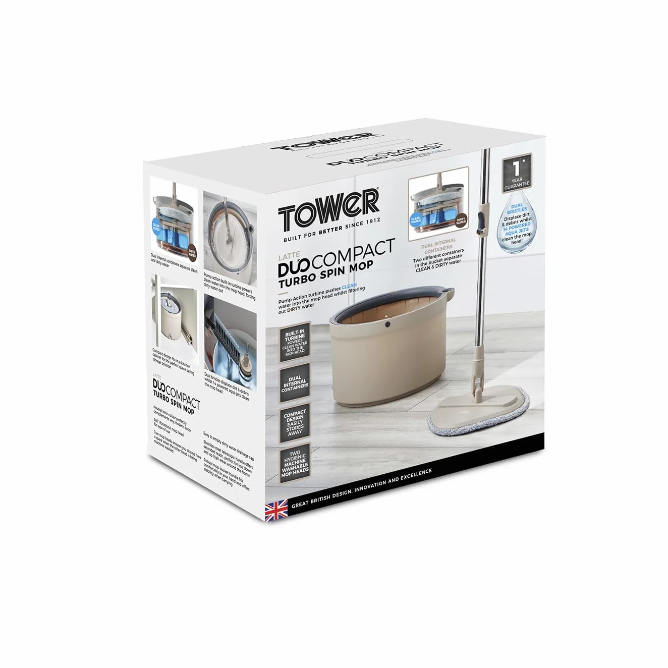 Tower T869009MSH Duo Compact Spin Mop, wbudowana turbina, 2 pojemniki, latte, szary