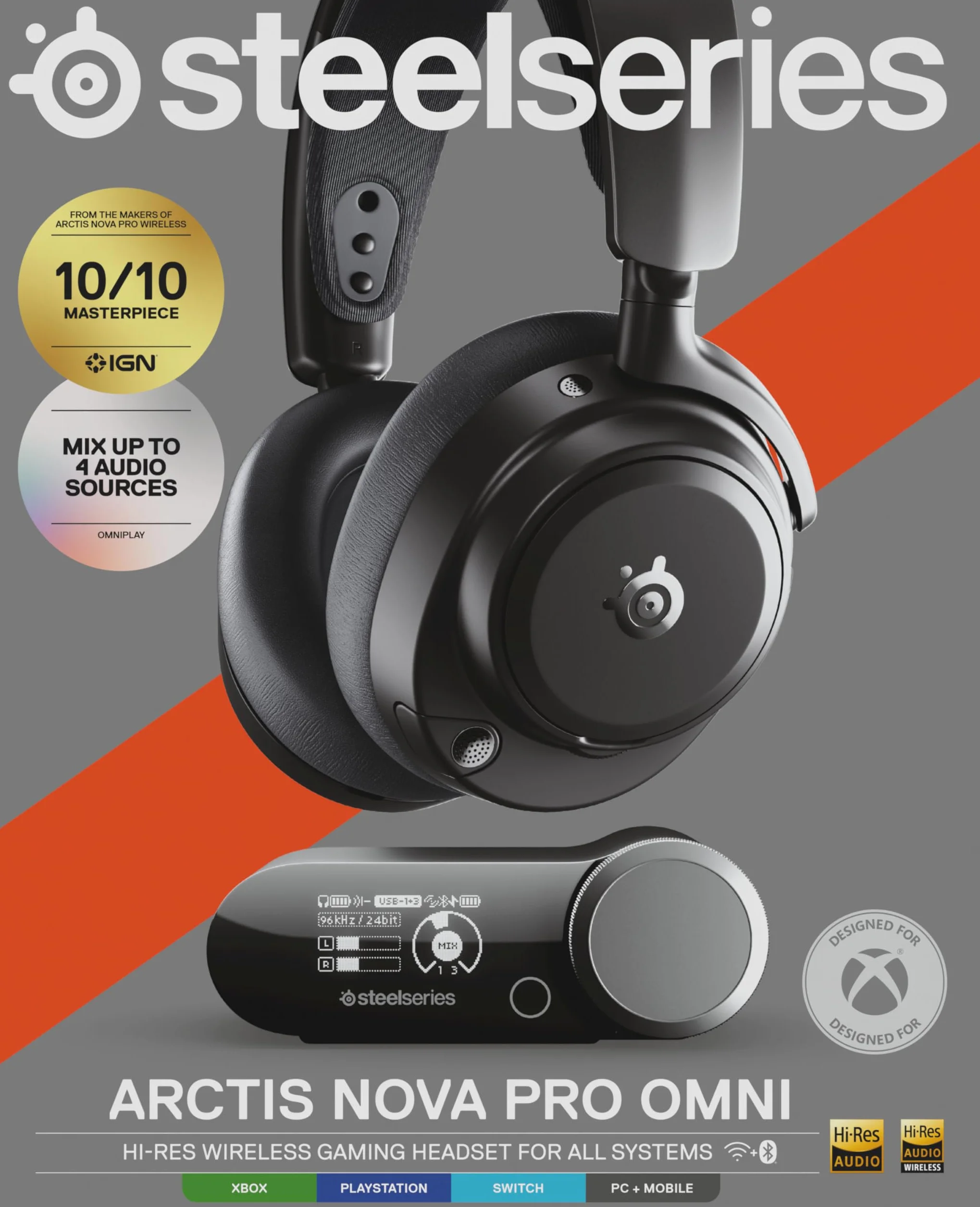 SteelSeries Arctis Nova Pro Omni – Bezprzewodowy dźwięk Hi‑Res, 96kHz/24bit, ANC, mikrofon ClearCast Pro, redukcja szumów AI, aplikacja mobilna, Mix 2,4GHz + BT, OmniPlay PC+PlayStation+Xbox – Grafit