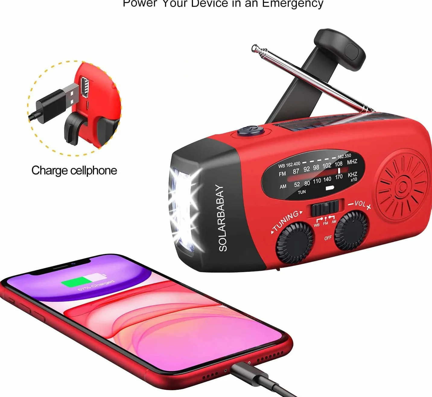 Awaryjne radio solarne, samodzielne radio korbowe z latarką LED, alarm SOS, AM/FM, radio z akumulatorem 2000 mAh, do awaryjnego ładowania smartfona