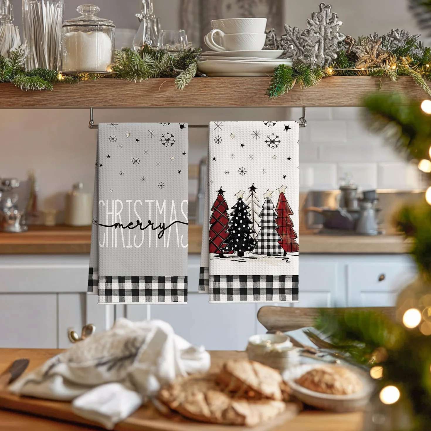 Artoid Mode Czarno-biała karo bawola, bałwan, drzewa, Boże Narodzenie, ręczniki kuchenne, ściereczki do naczyń, 42 x 65 cm, z mikrofibry, chłonne, do kuchni, dekoracja, zestaw 4 sztuk