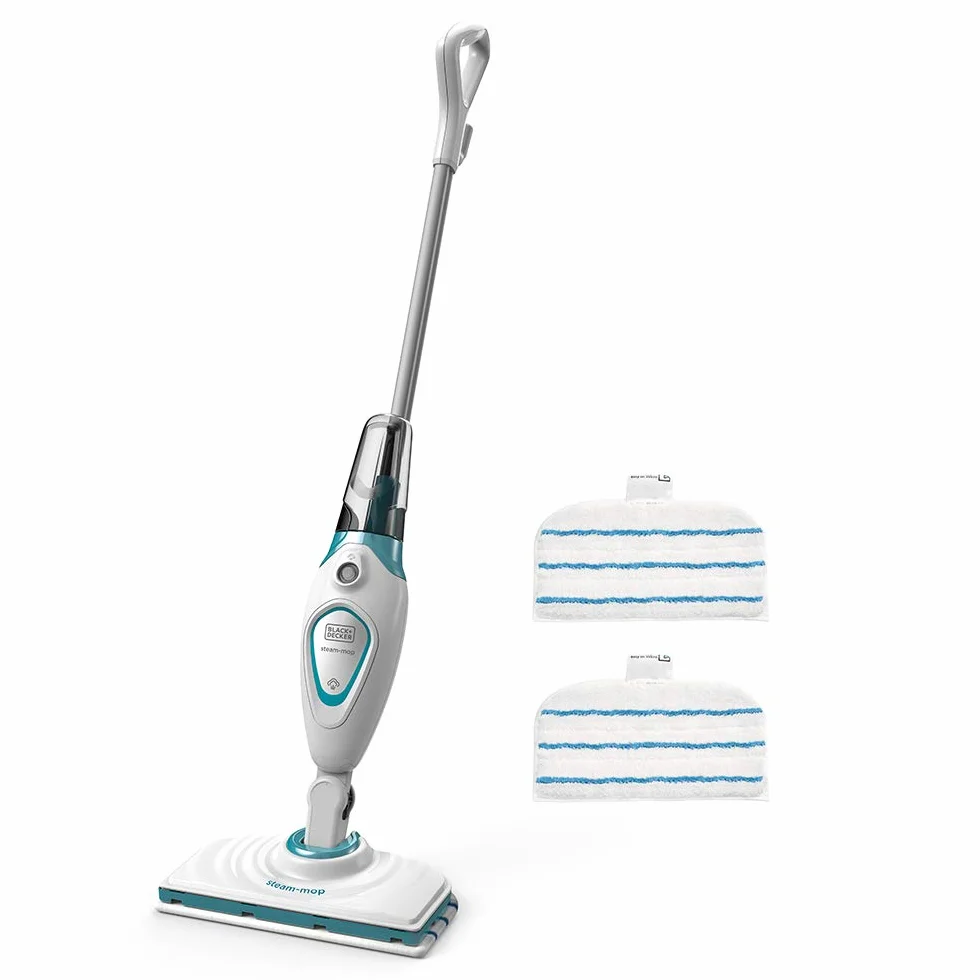 Black+Decker Steam-Mop Basic FSM1615 miotła parowa (1300 W, odkurzacz parowy zapewnia higieniczną, dokładną czystość, zdejmowany zbiornik na wodę, obracana o 180° stopka do czyszczenia, w zestawie 2