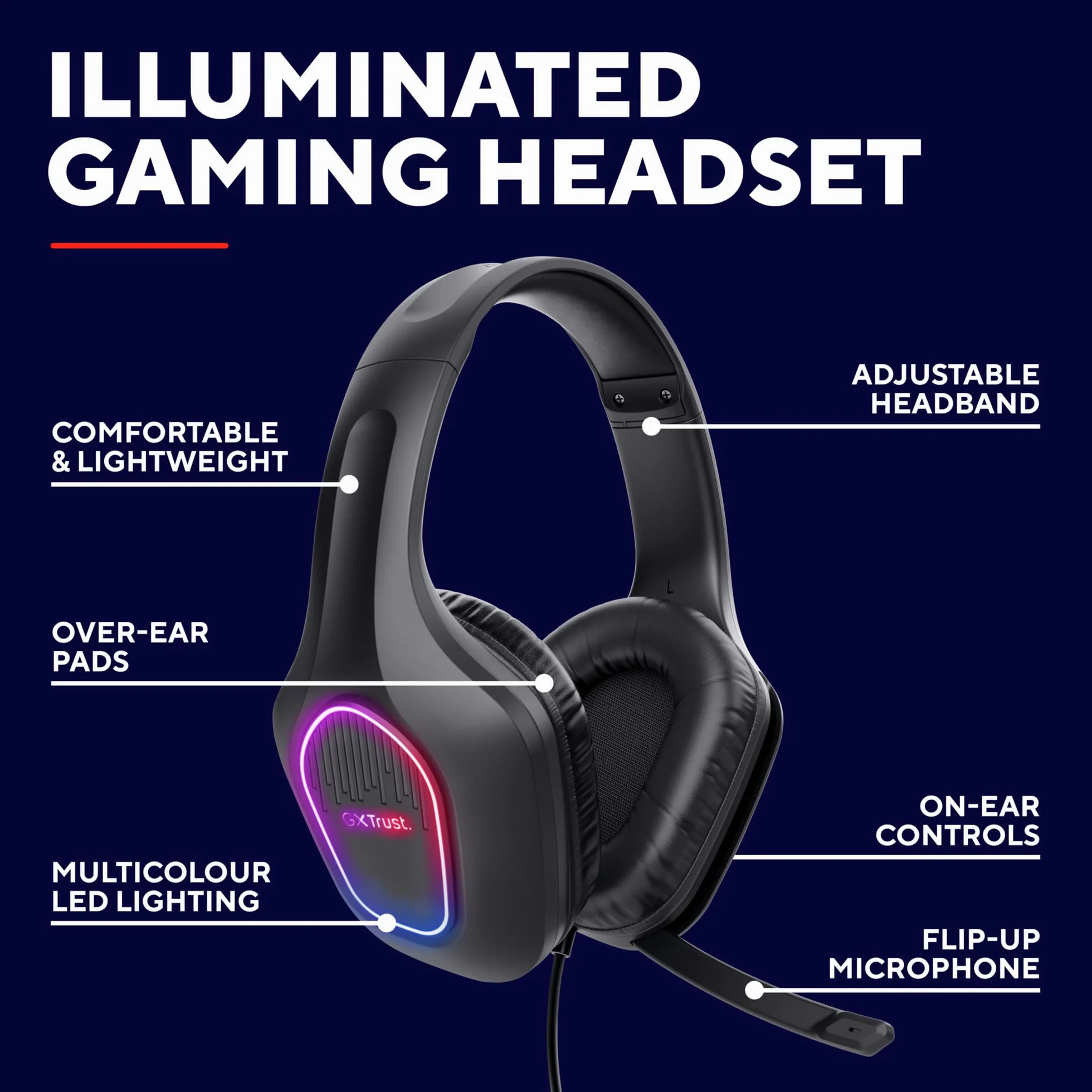Trust GXT 419 Rayne Lekkie Słuchawki Gamingowe do PC/Konsoli, Podświetlenie LED na USB, Jack Audio 3.5mm, Przetworniki 50mm, Odchylany Mikrofon, Headset Przewodowy do Komputera, Czarny